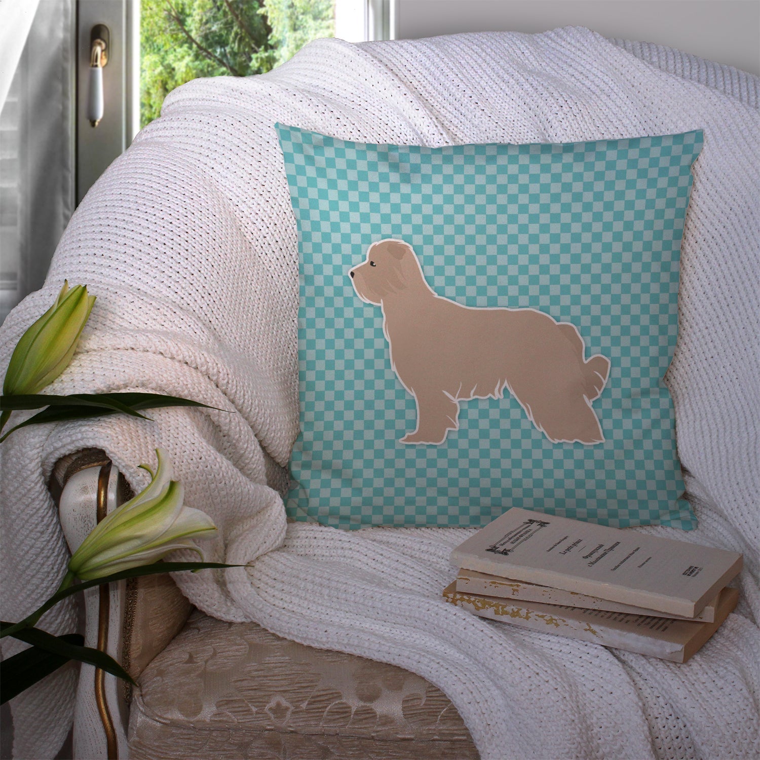 Pyrenean Shepherd Checkerboard Blue Decorative Throw Pillow 14x14 Indoor Outdoor Accent Cushion, Fabric Cover with Insert for Sofa, Bed, Porch & Living Room