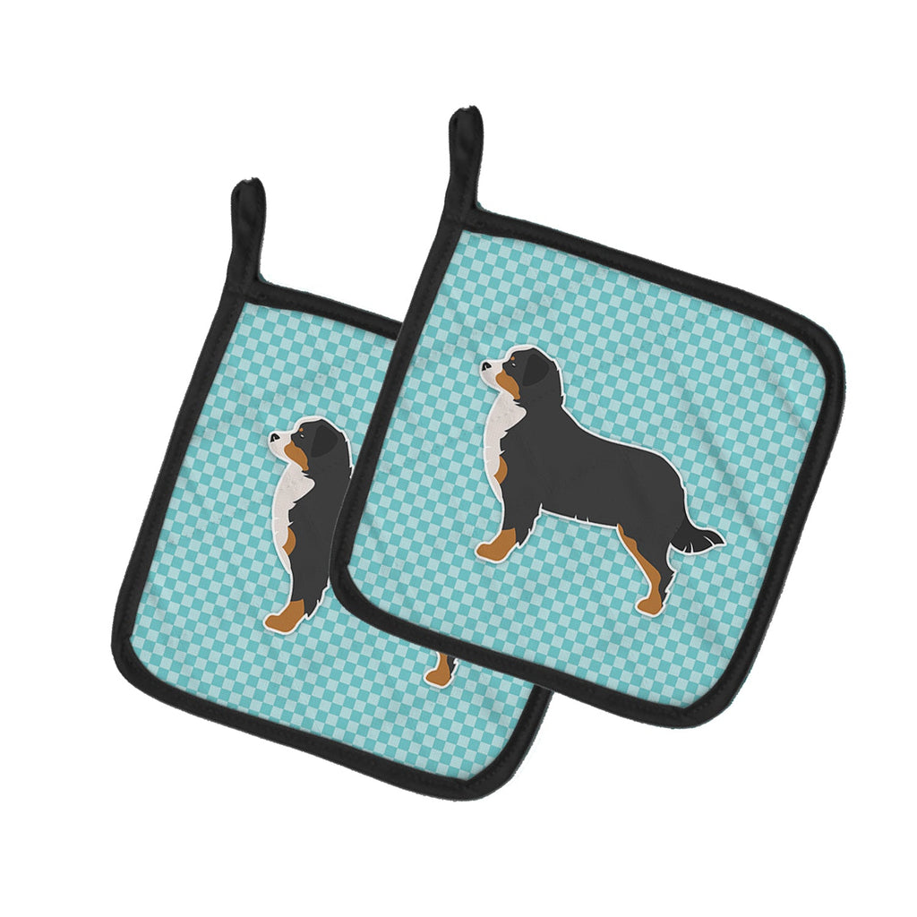 Bernese Mountain Dog Checkerboard Blue Pot Holder Set of 2 Heat Resistant Quilted Hot Pads 7.5 x 7.5 Inch, Insulated Kitchen Trivets for Cooking & Baking