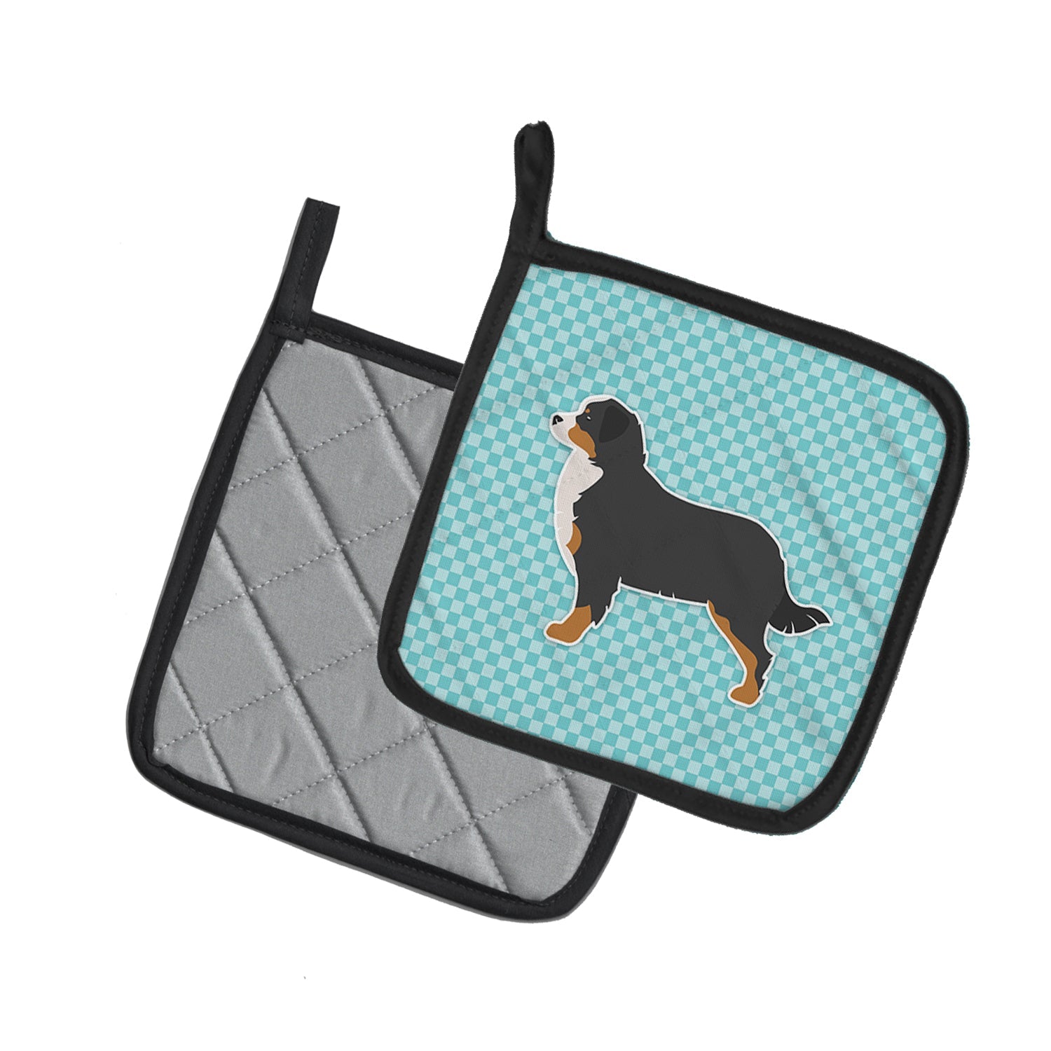 Bernese Mountain Dog Checkerboard Blue Pot Holder Set of 2 Heat Resistant Quilted Hot Pads 7.5 x 7.5 Inch, Insulated Kitchen Trivets for Cooking & Baking