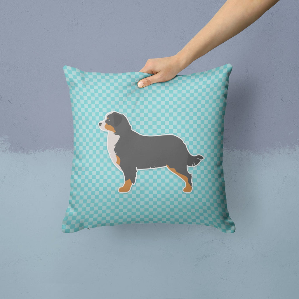 Bernese Mountain Dog Checkerboard Blue Decorative Throw Pillow 14x14 Indoor Outdoor Accent Cushion, Fabric Cover with Insert for Sofa, Bed, Porch & Living Room