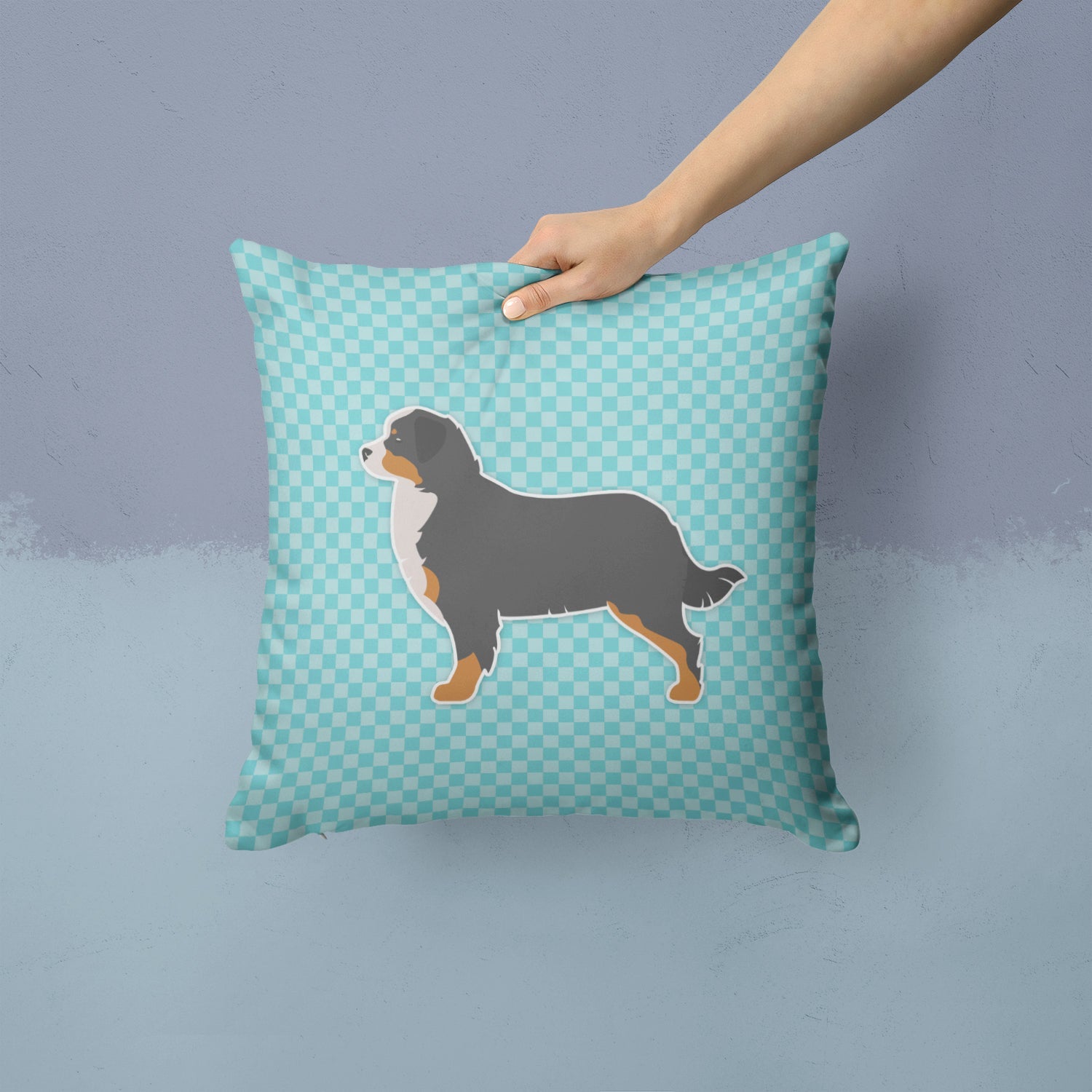 Bernese Mountain Dog Checkerboard Blue Decorative Throw Pillow 14x14 Indoor Outdoor Accent Cushion, Fabric Cover with Insert for Sofa, Bed, Porch & Living Room