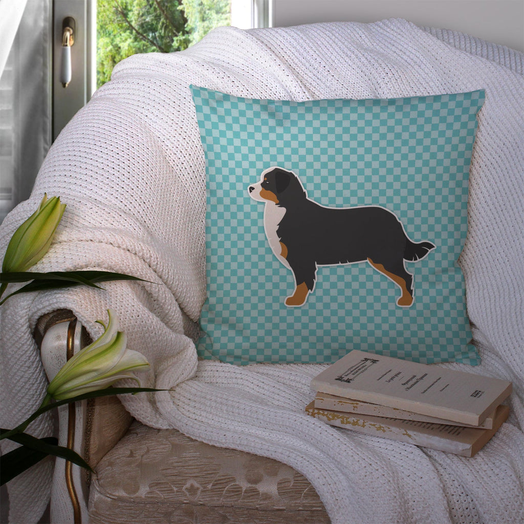 Bernese Mountain Dog Checkerboard Blue Decorative Throw Pillow 14x14 Indoor Outdoor Accent Cushion, Fabric Cover with Insert for Sofa, Bed, Porch & Living Room