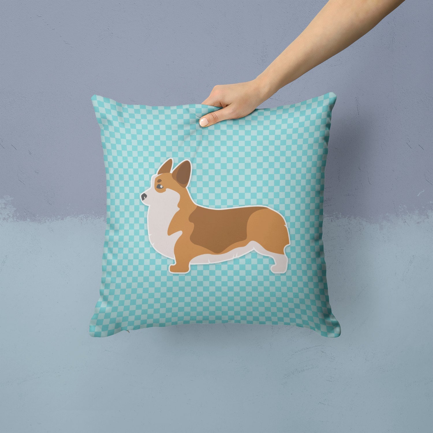 Corgi Checkerboard Blue Decorative Throw Pillow 14x14 Indoor Outdoor Accent Cushion, Fabric Cover with Insert for Sofa, Bed, Porch & Living Room