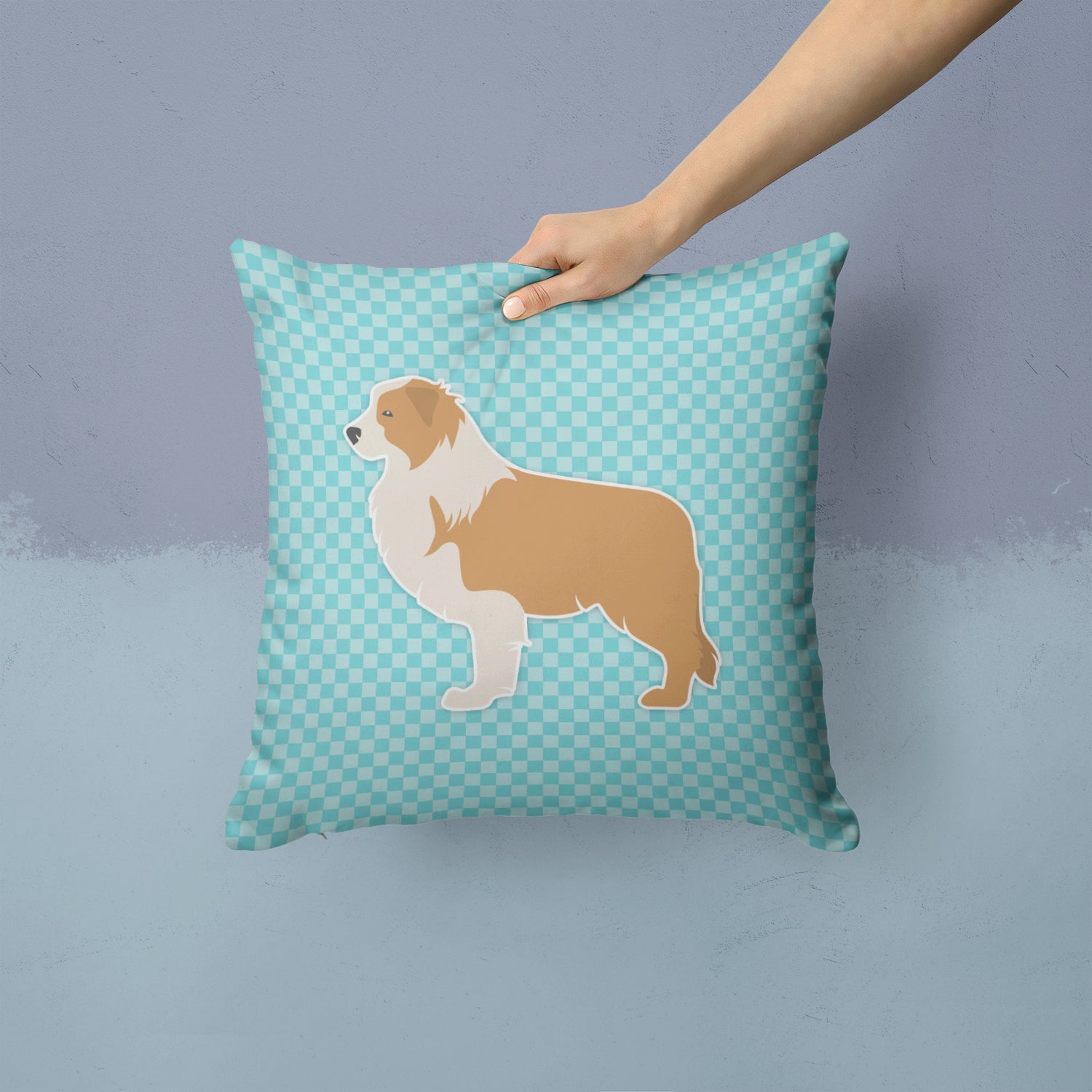 Red Border Collie Checkerboard Blue Decorative Throw Pillow 14x14 Indoor Outdoor Accent Cushion, Fabric Cover with Insert for Sofa, Bed, Porch & Living Room