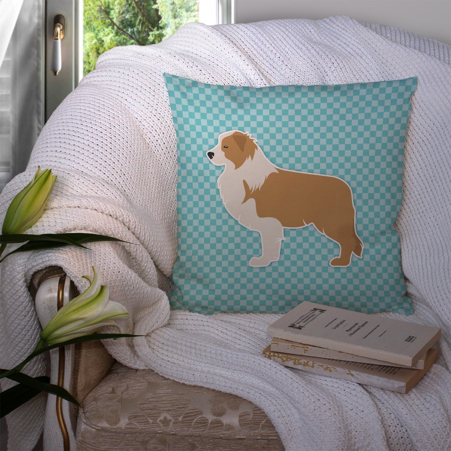 Red Border Collie Checkerboard Blue Decorative Throw Pillow 14x14 Indoor Outdoor Accent Cushion, Fabric Cover with Insert for Sofa, Bed, Porch & Living Room
