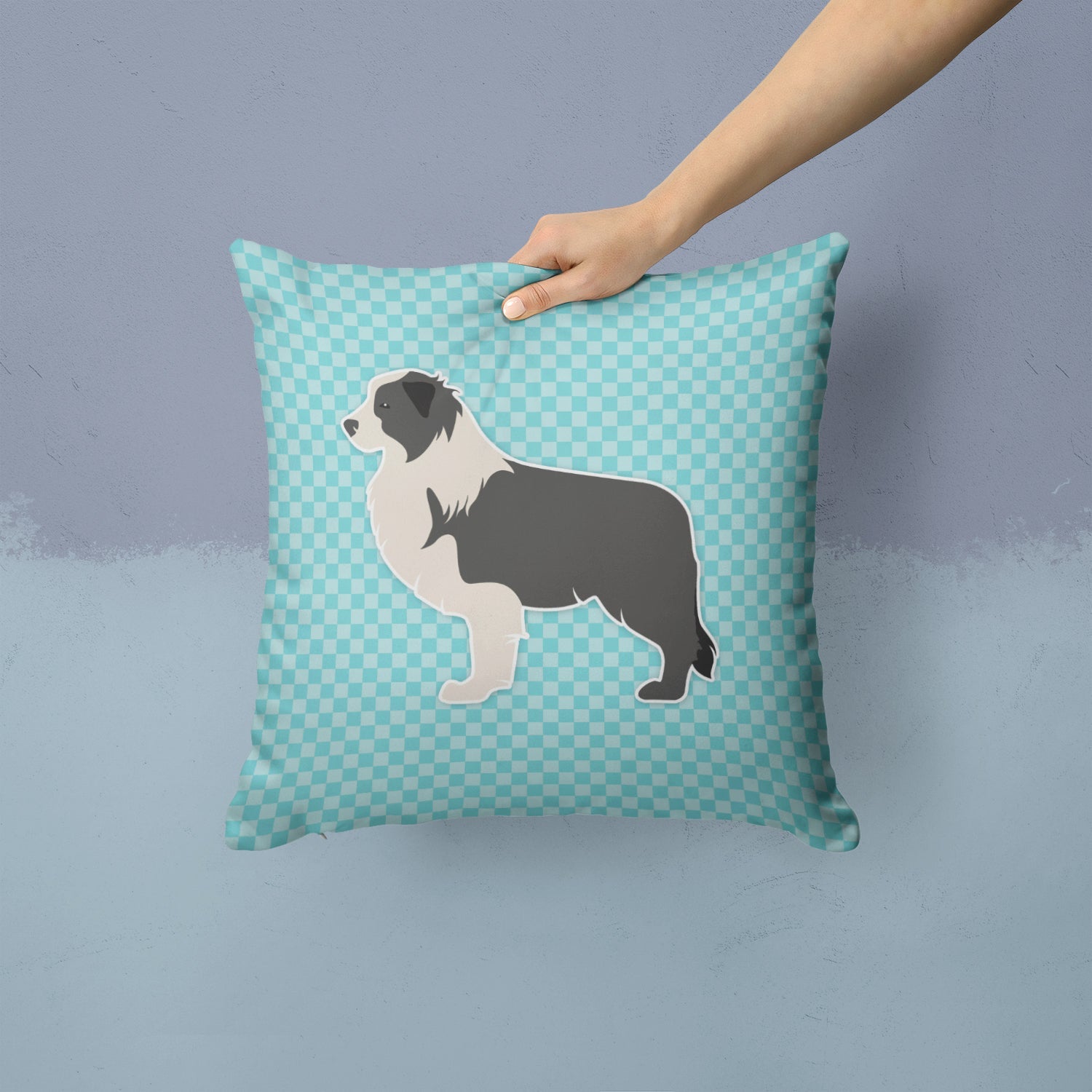Black Border Collie Checkerboard Blue Decorative Throw Pillow 14x14 Indoor Outdoor Accent Cushion, Fabric Cover with Insert for Sofa, Bed, Porch & Living Room