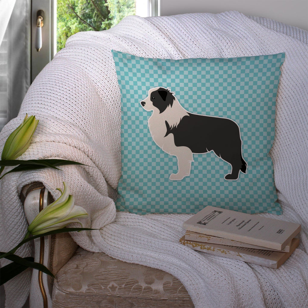 Black Border Collie Checkerboard Blue Decorative Throw Pillow 14x14 Indoor Outdoor Accent Cushion, Fabric Cover with Insert for Sofa, Bed, Porch & Living Room