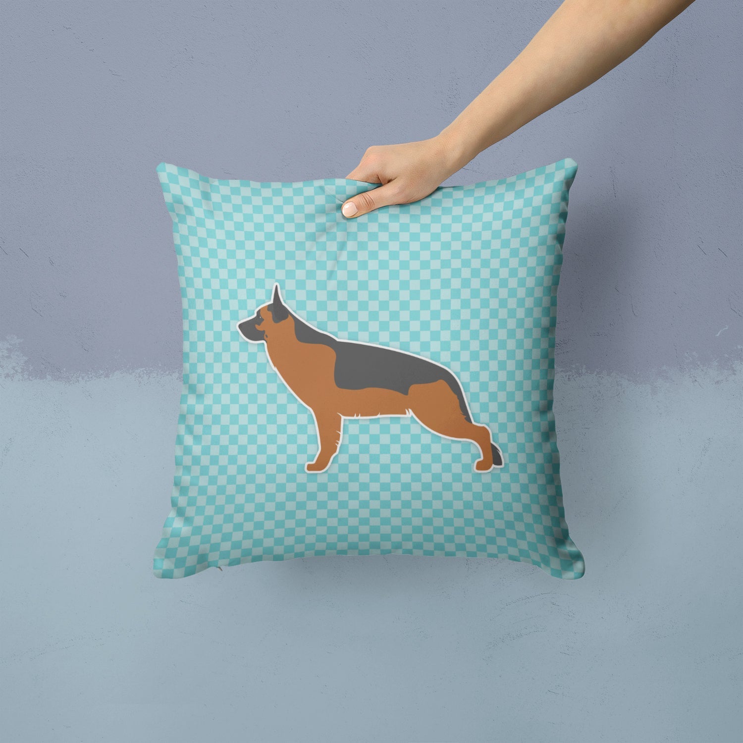 German Shepherd Checkerboard Blue Decorative Throw Pillow 14x14 Indoor Outdoor Accent Cushion, Fabric Cover with Insert for Sofa, Bed, Porch & Living Room