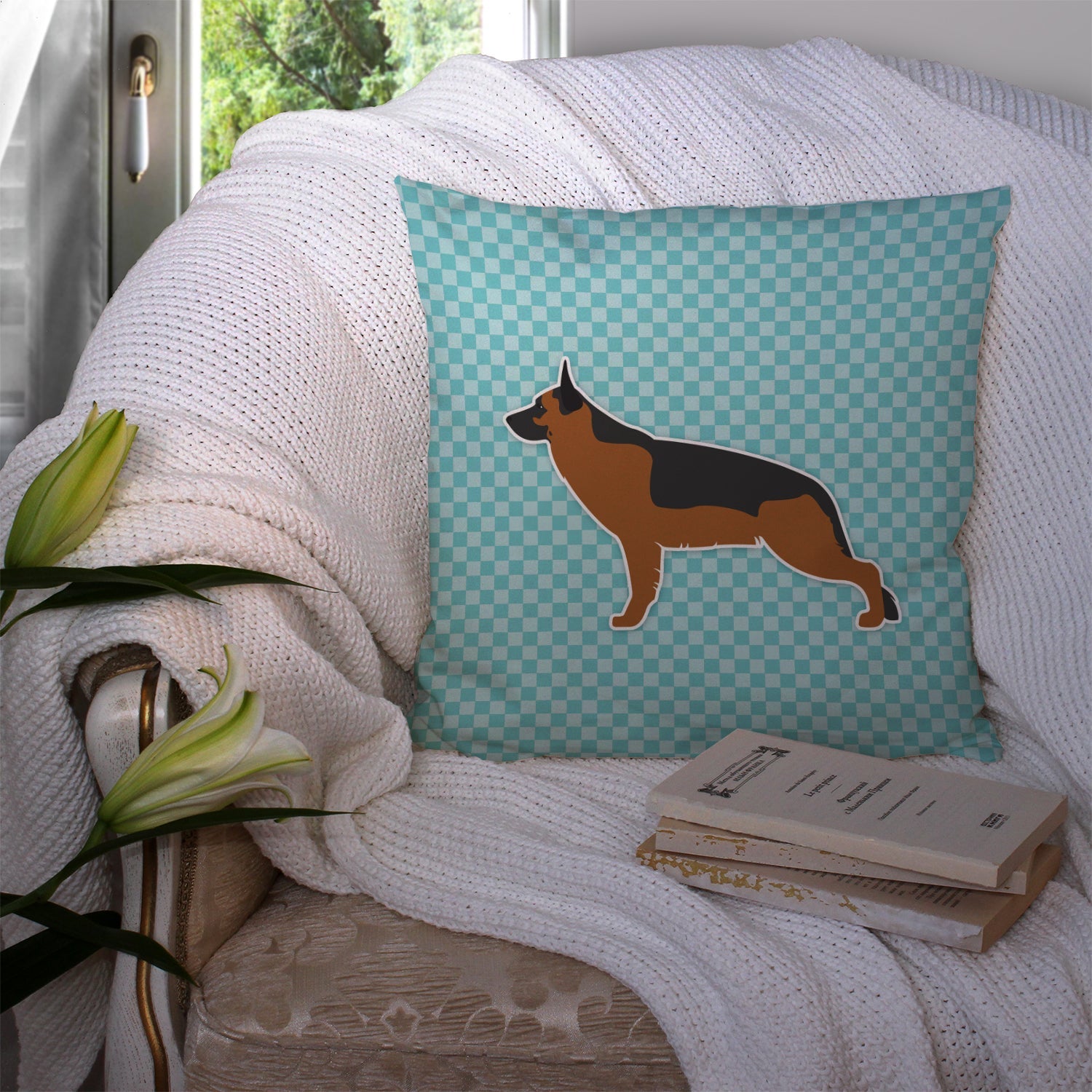 German Shepherd Checkerboard Blue Decorative Throw Pillow 14x14 Indoor Outdoor Accent Cushion, Fabric Cover with Insert for Sofa, Bed, Porch & Living Room