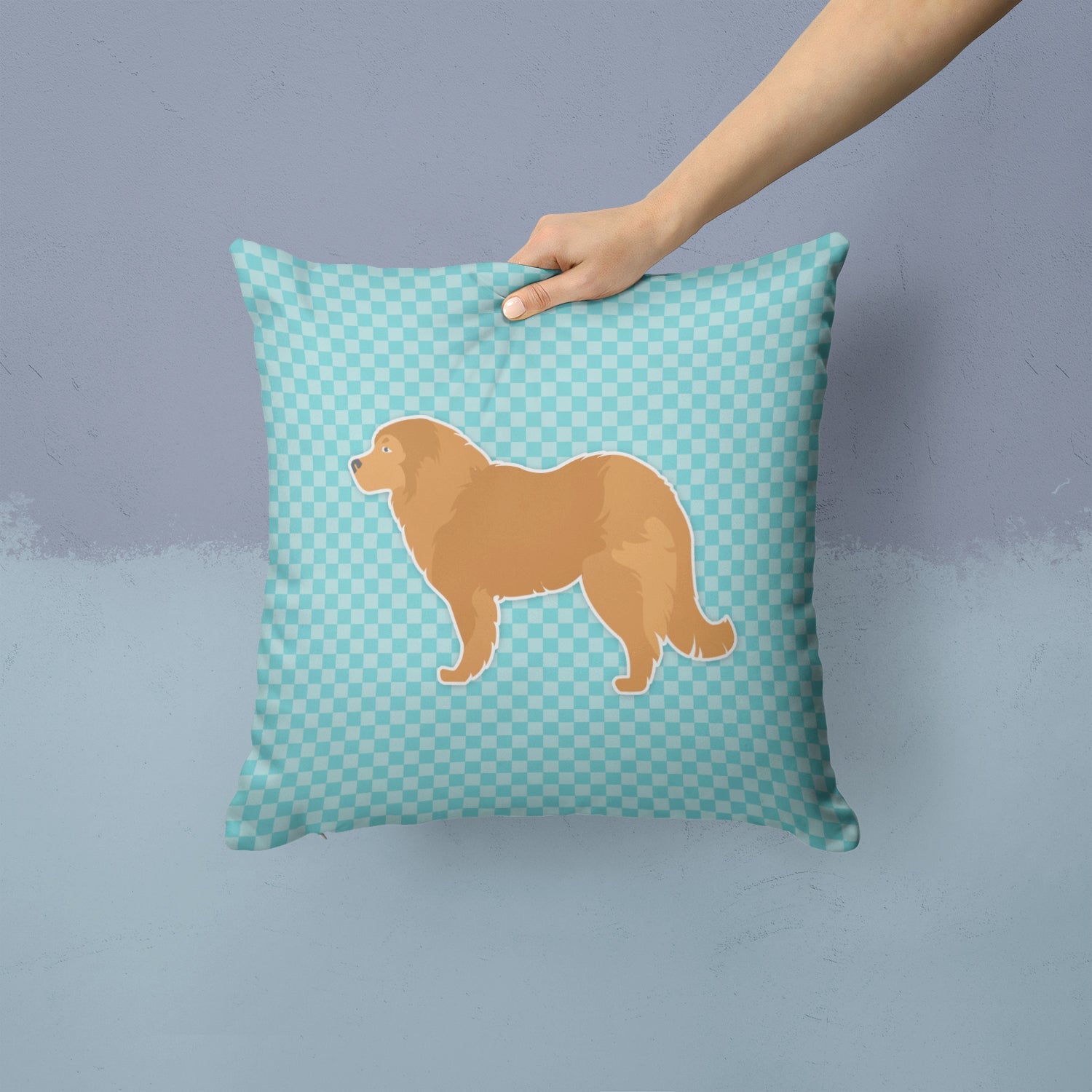 Caucasian Shepherd Dog Checkerboard Blue Decorative Throw Pillow 14x14 Indoor Outdoor Accent Cushion, Fabric Cover with Insert for Sofa, Bed, Porch & Living Room