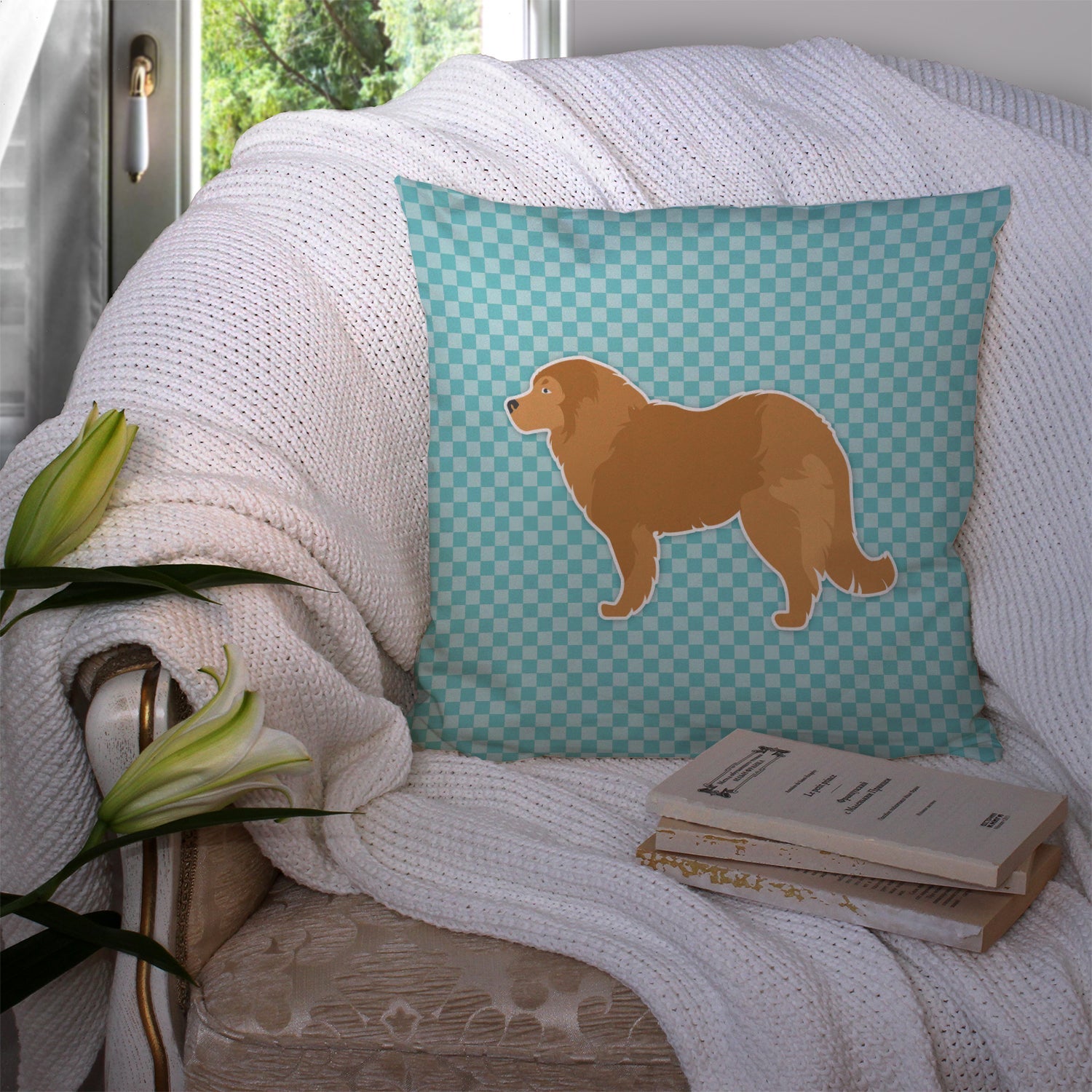 Caucasian Shepherd Dog Checkerboard Blue Decorative Throw Pillow 14x14 Indoor Outdoor Accent Cushion, Fabric Cover with Insert for Sofa, Bed, Porch & Living Room