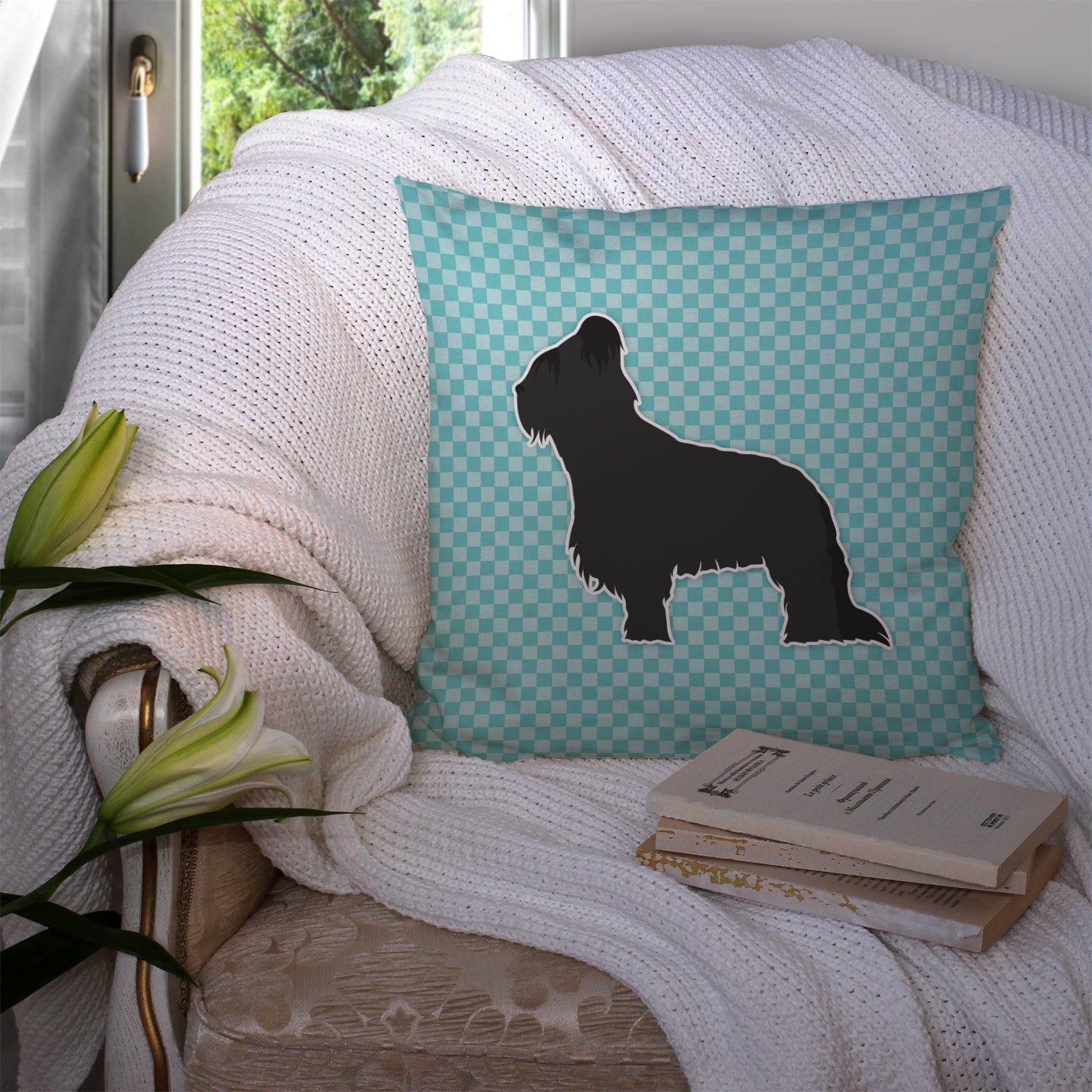 Briard Checkerboard Blue Decorative Throw Pillow 14x14 Indoor Outdoor Accent Cushion, Fabric Cover with Insert for Sofa, Bed, Porch & Living Room