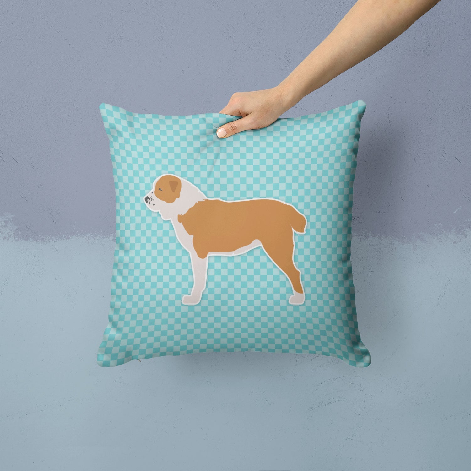 Central Asian Shepherd Dog Checkerboard Blue Decorative Throw Pillow 14x14 Indoor Outdoor Accent Cushion, Fabric Cover with Insert for Sofa, Bed, Porch & Living Room