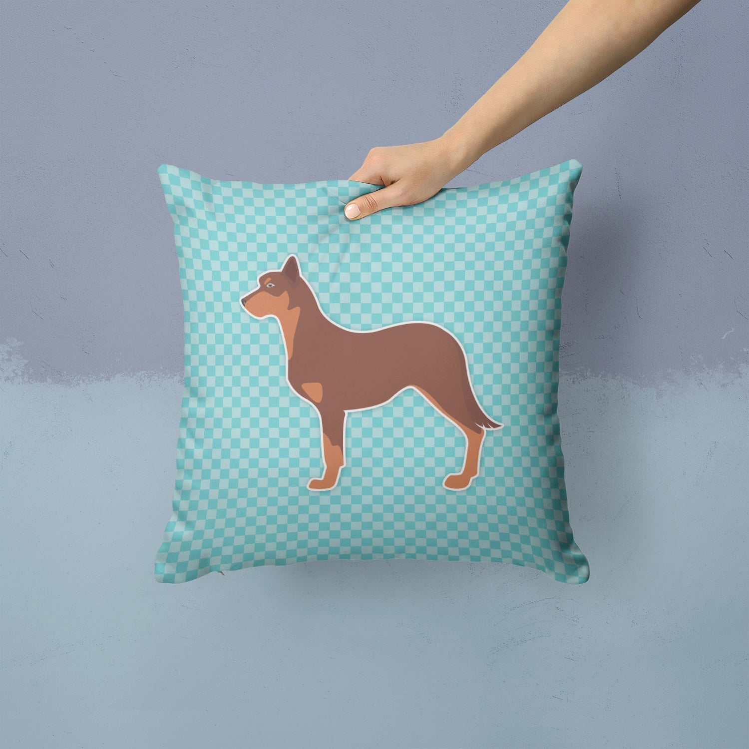 Australian Kelpie Dog Checkerboard Blue Decorative Throw Pillow 14x14 Indoor Outdoor Accent Cushion, Fabric Cover with Insert for Sofa, Bed, Porch & Living Room