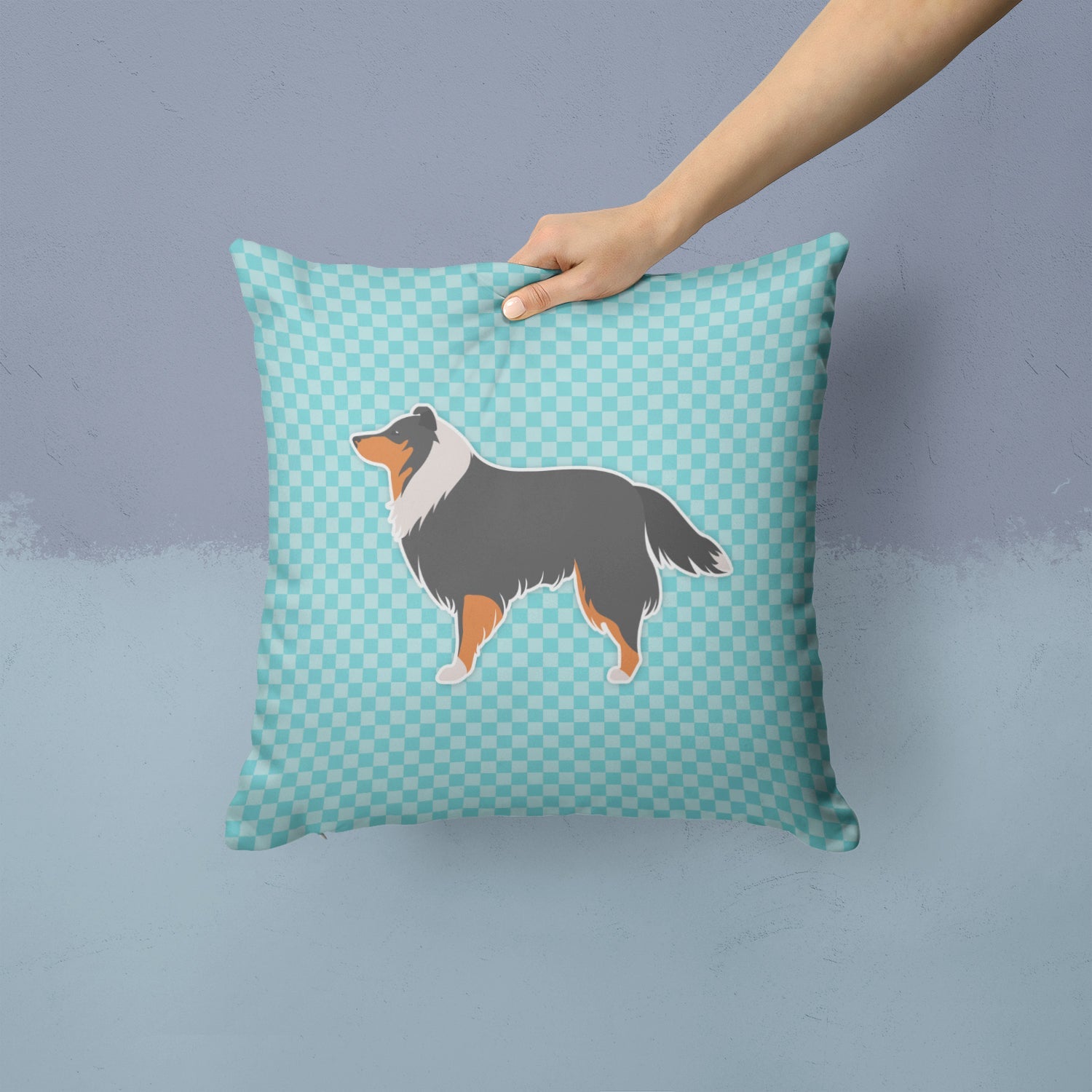 Sheltie/Shetland Sheepdog Checkerboard Blue Decorative Throw Pillow 14x14 Indoor Outdoor Accent Cushion, Fabric Cover with Insert for Sofa, Bed, Porch & Living Room
