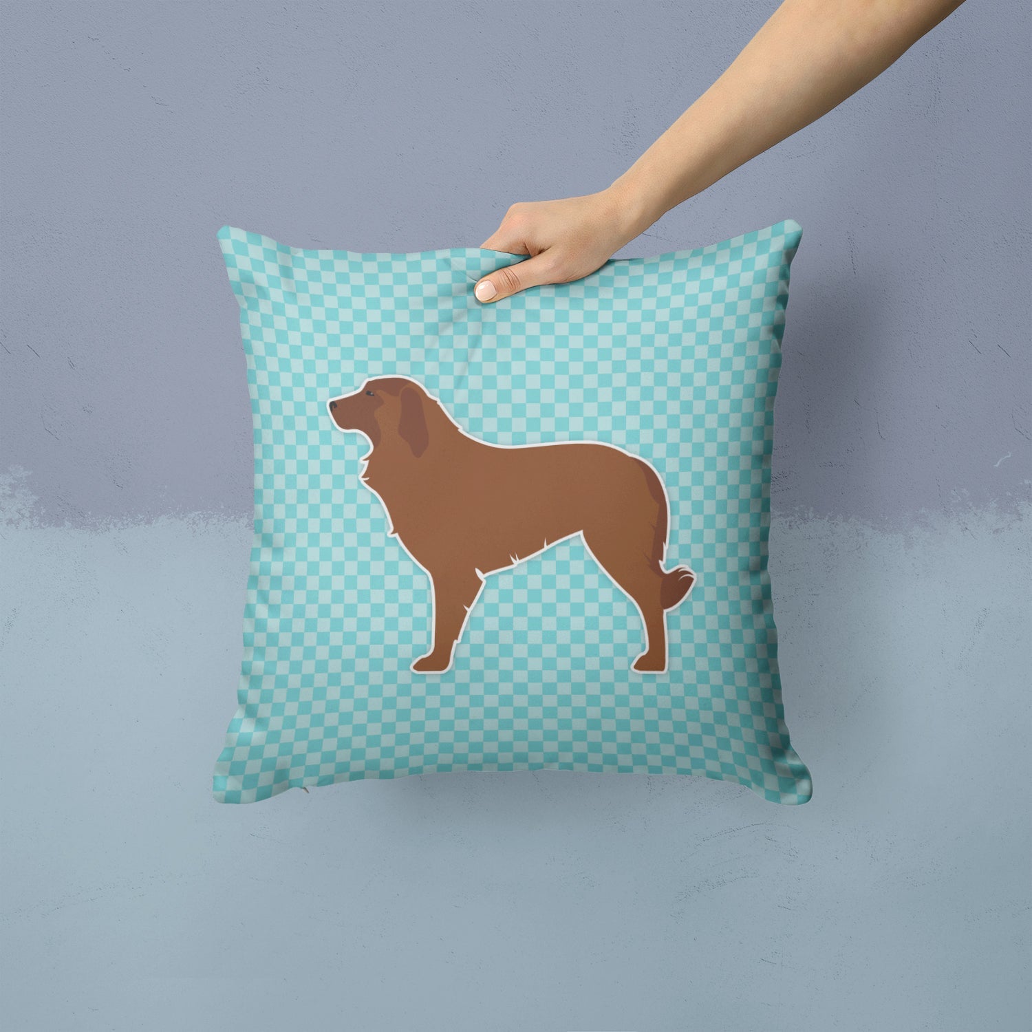 Portuguese Sheepdog Dog Checkerboard Blue Decorative Throw Pillow 14x14 Indoor Outdoor Accent Cushion, Fabric Cover with Insert for Sofa, Bed, Porch & Living Room