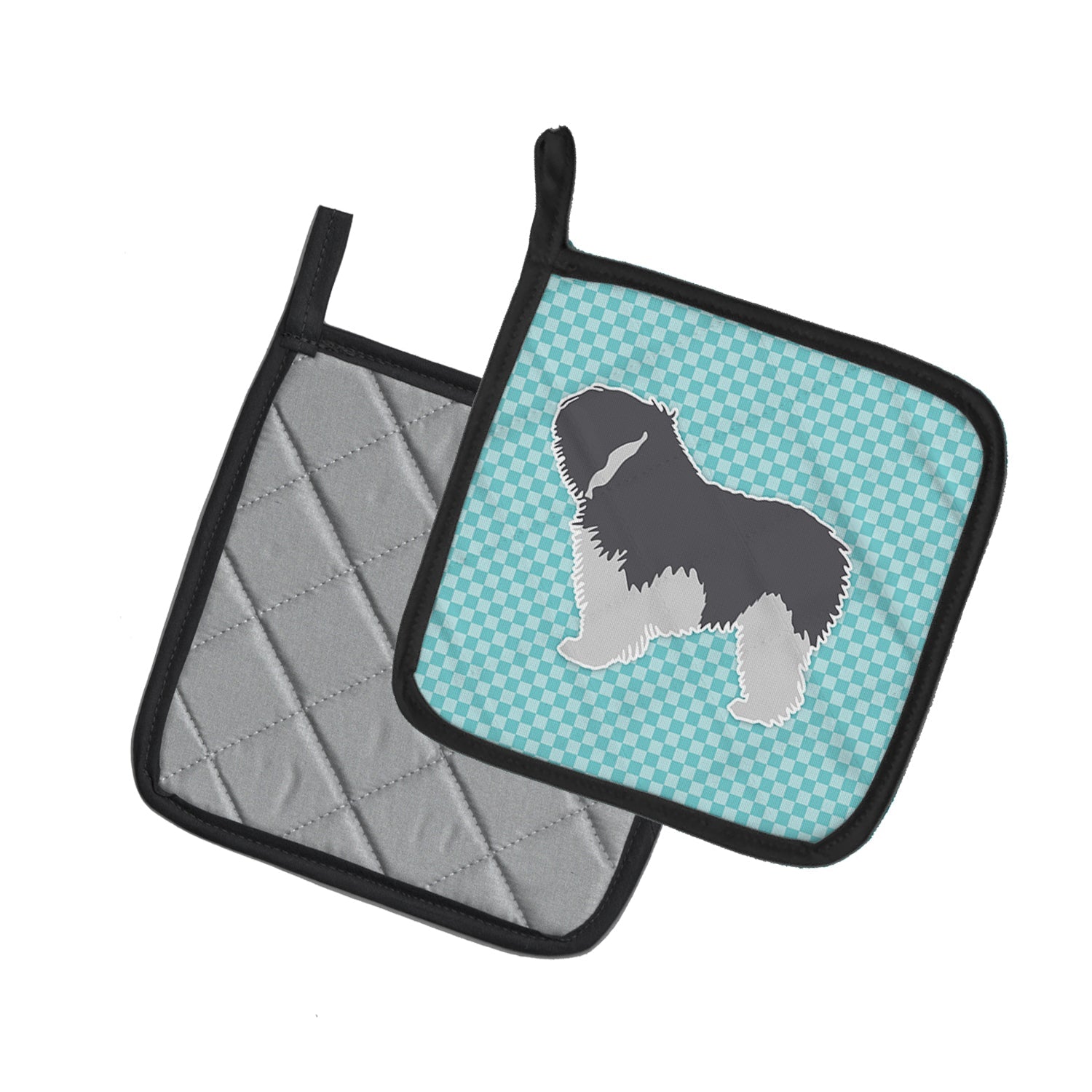 Polish Lowland Sheepdog Dog Checkerboard Blue Pot Holder Set of 2 Heat Resistant Quilted Hot Pads 7.5 x 7.5 Inch, Insulated Kitchen Trivets for Cooking & Baking