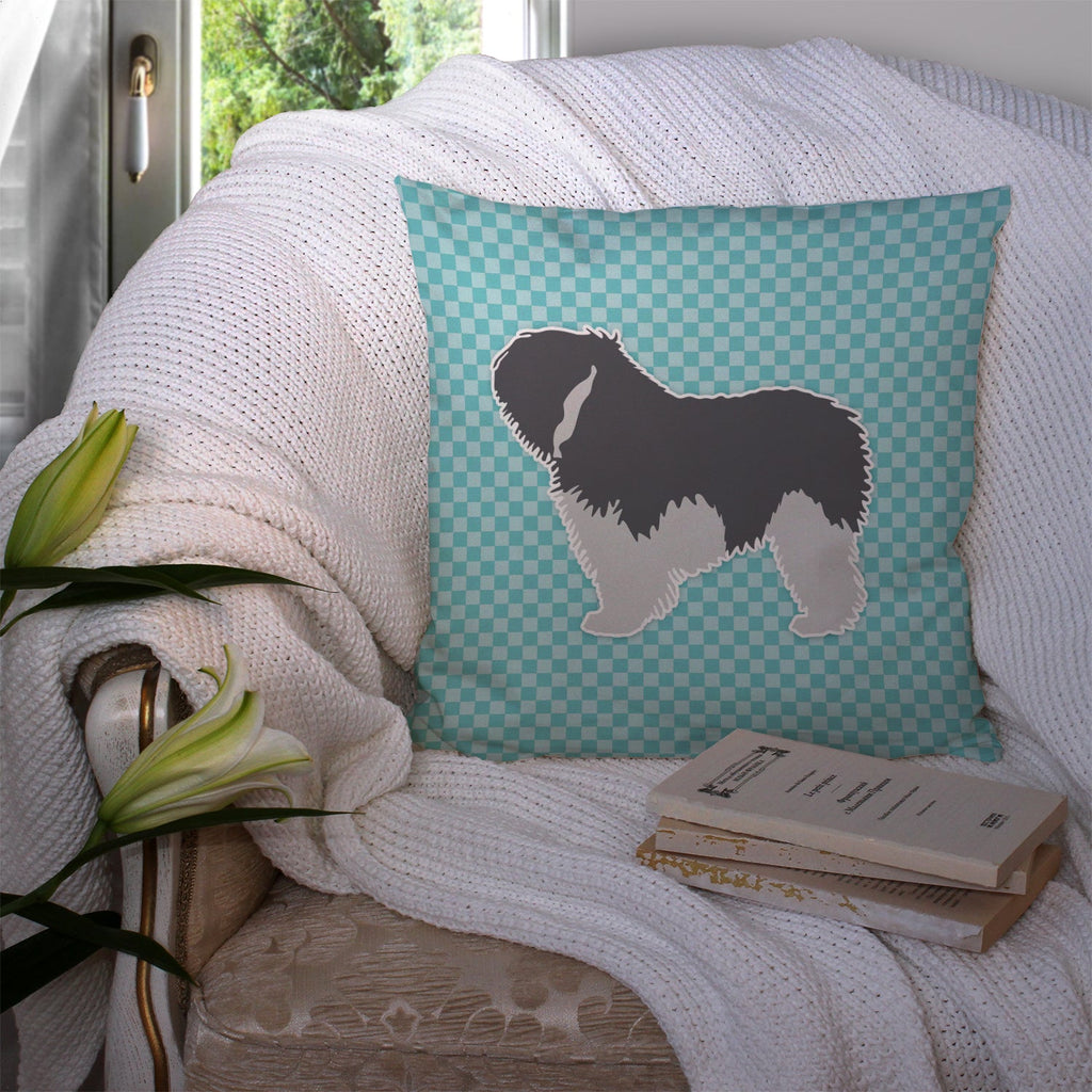 Polish Lowland Sheepdog Dog Checkerboard Blue Decorative Throw Pillow 14x14 Indoor Outdoor Accent Cushion, Fabric Cover with Insert for Sofa, Bed, Porch & Living Room