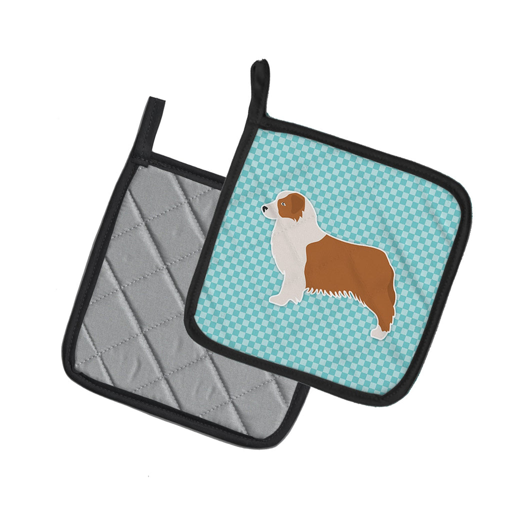 Australian Shepherd Dog Checkerboard Blue Pot Holder Set of 2 Heat Resistant Quilted Hot Pads 7.5 x 7.5 Inch, Insulated Kitchen Trivets for Cooking & Baking