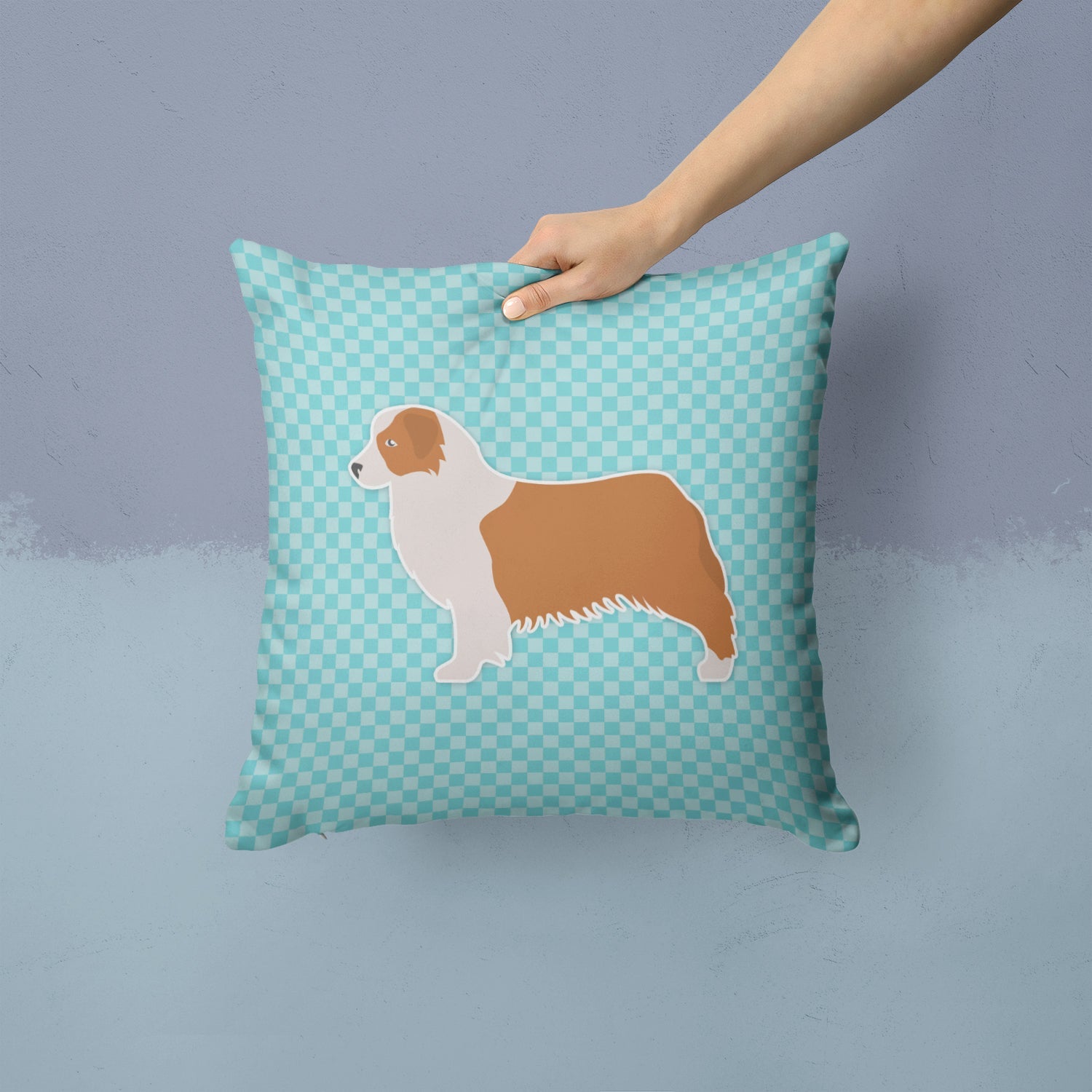 Australian Shepherd Dog Checkerboard Blue Decorative Throw Pillow 14x14 Indoor Outdoor Accent Cushion, Fabric Cover with Insert for Sofa, Bed, Porch & Living Room