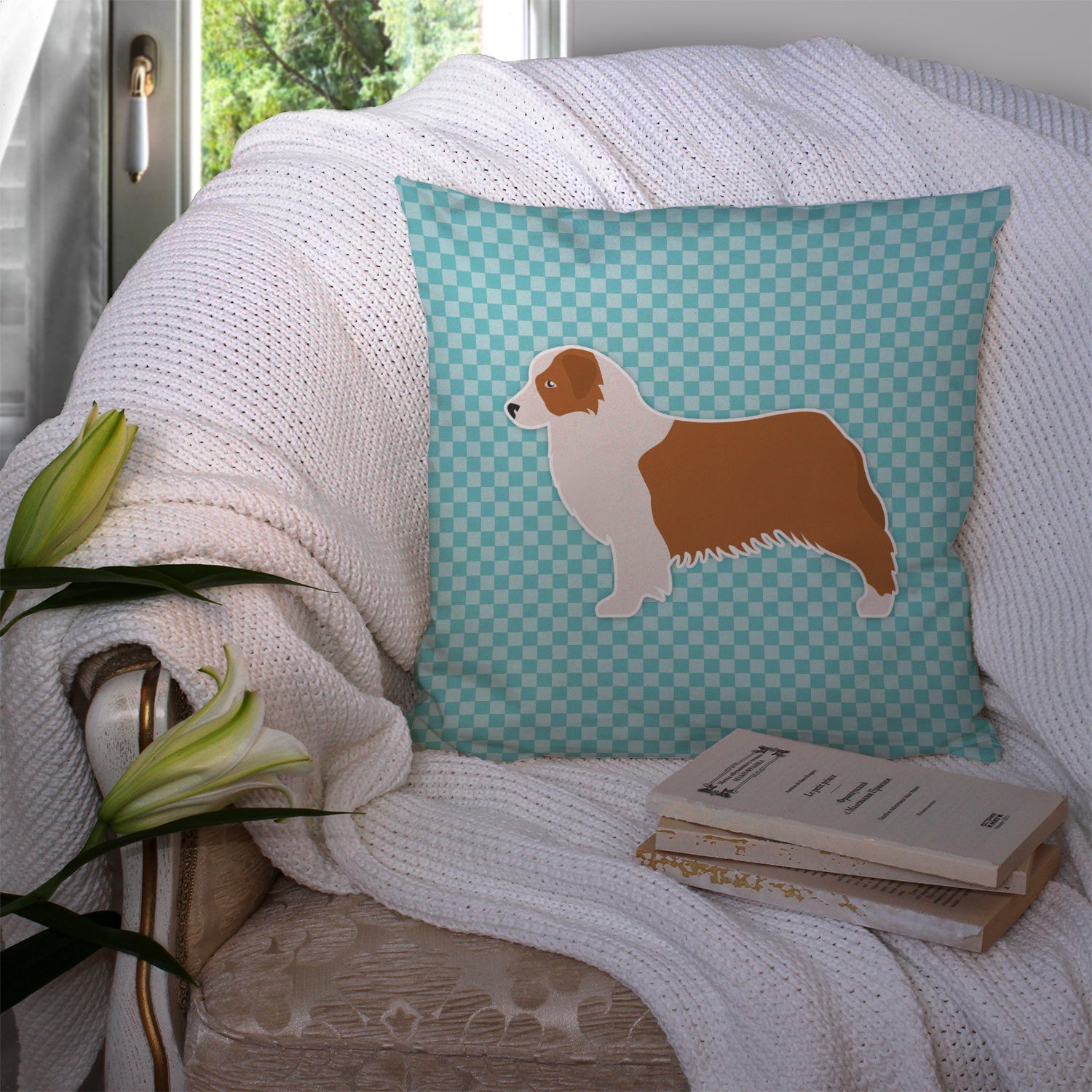 Australian Shepherd Dog Checkerboard Blue Decorative Throw Pillow 14x14 Indoor Outdoor Accent Cushion, Fabric Cover with Insert for Sofa, Bed, Porch & Living Room
