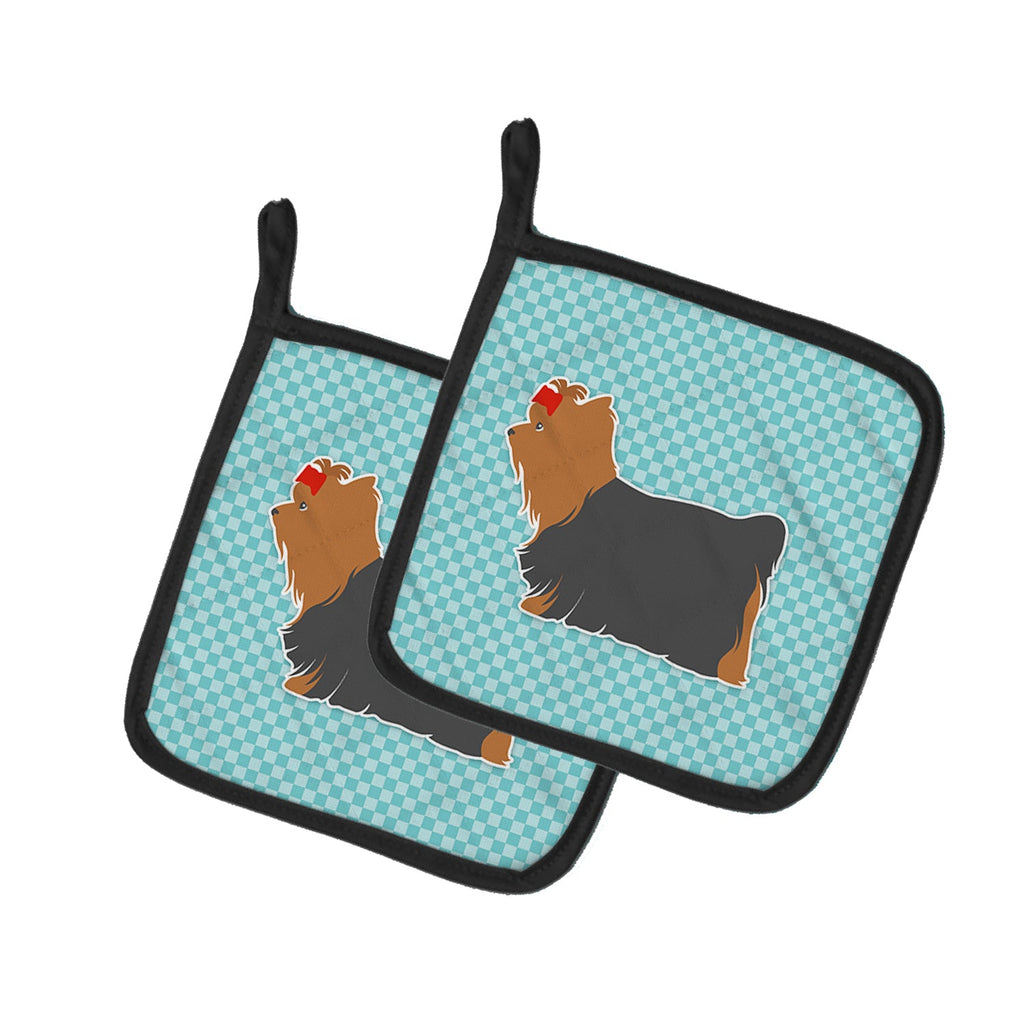 Yorkshire Terrier Yorkie Checkerboard Blue Pot Holder Set of 2 Heat Resistant Quilted Hot Pads 7.5 x 7.5 Inch, Insulated Kitchen Trivets for Cooking & Baking