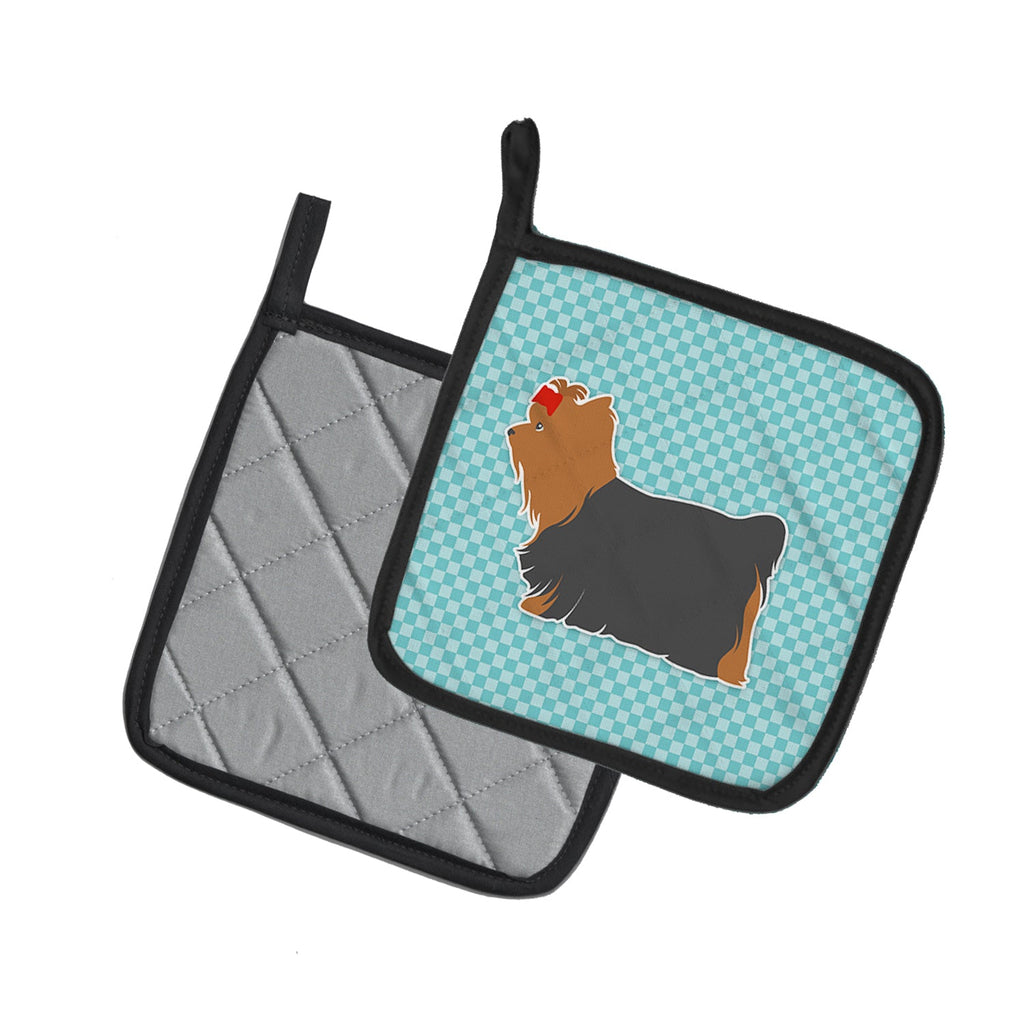 Yorkshire Terrier Yorkie Checkerboard Blue Pot Holder Set of 2 Heat Resistant Quilted Hot Pads 7.5 x 7.5 Inch, Insulated Kitchen Trivets for Cooking & Baking