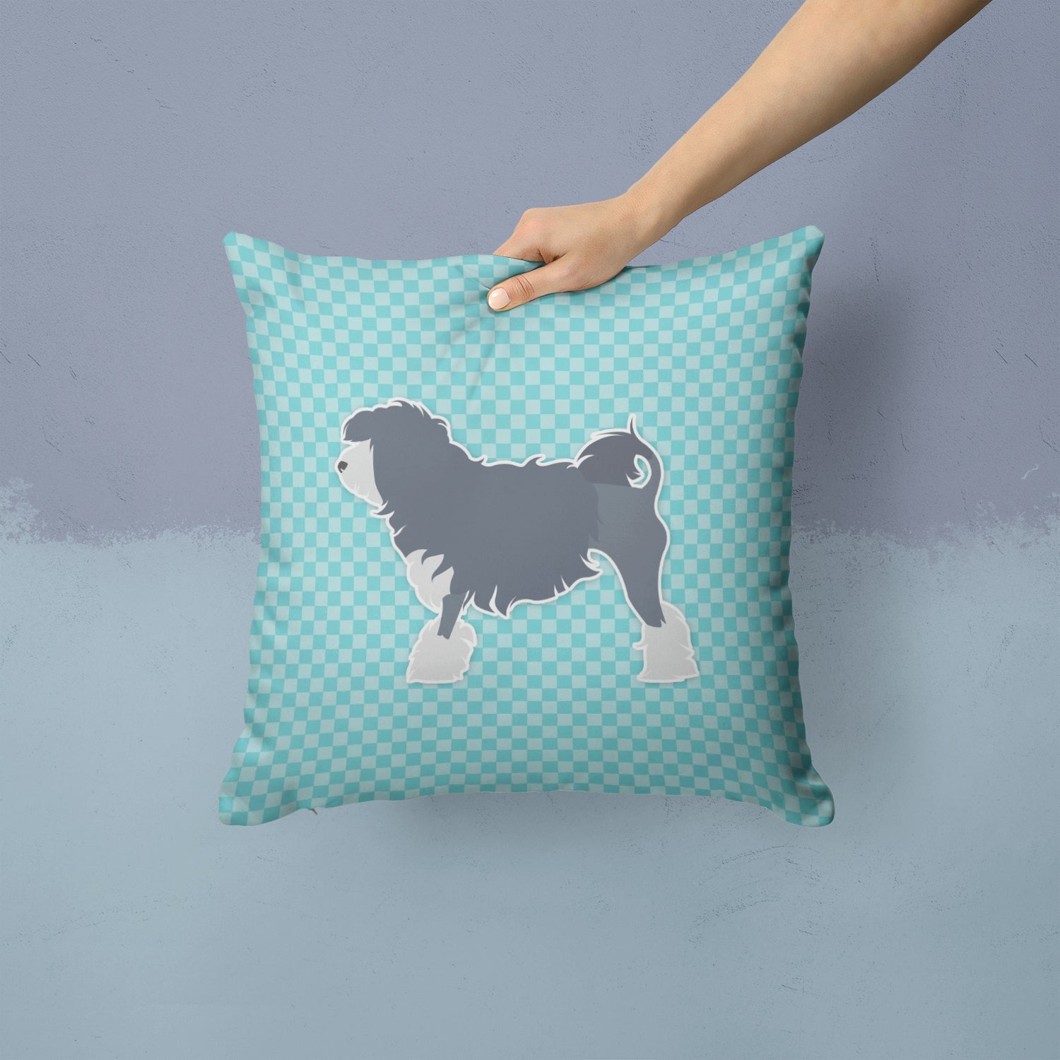 Lowchen Checkerboard Blue Decorative Throw Pillow 14x14 Indoor Outdoor Accent Cushion, Fabric Cover with Insert for Sofa, Bed, Porch & Living Room