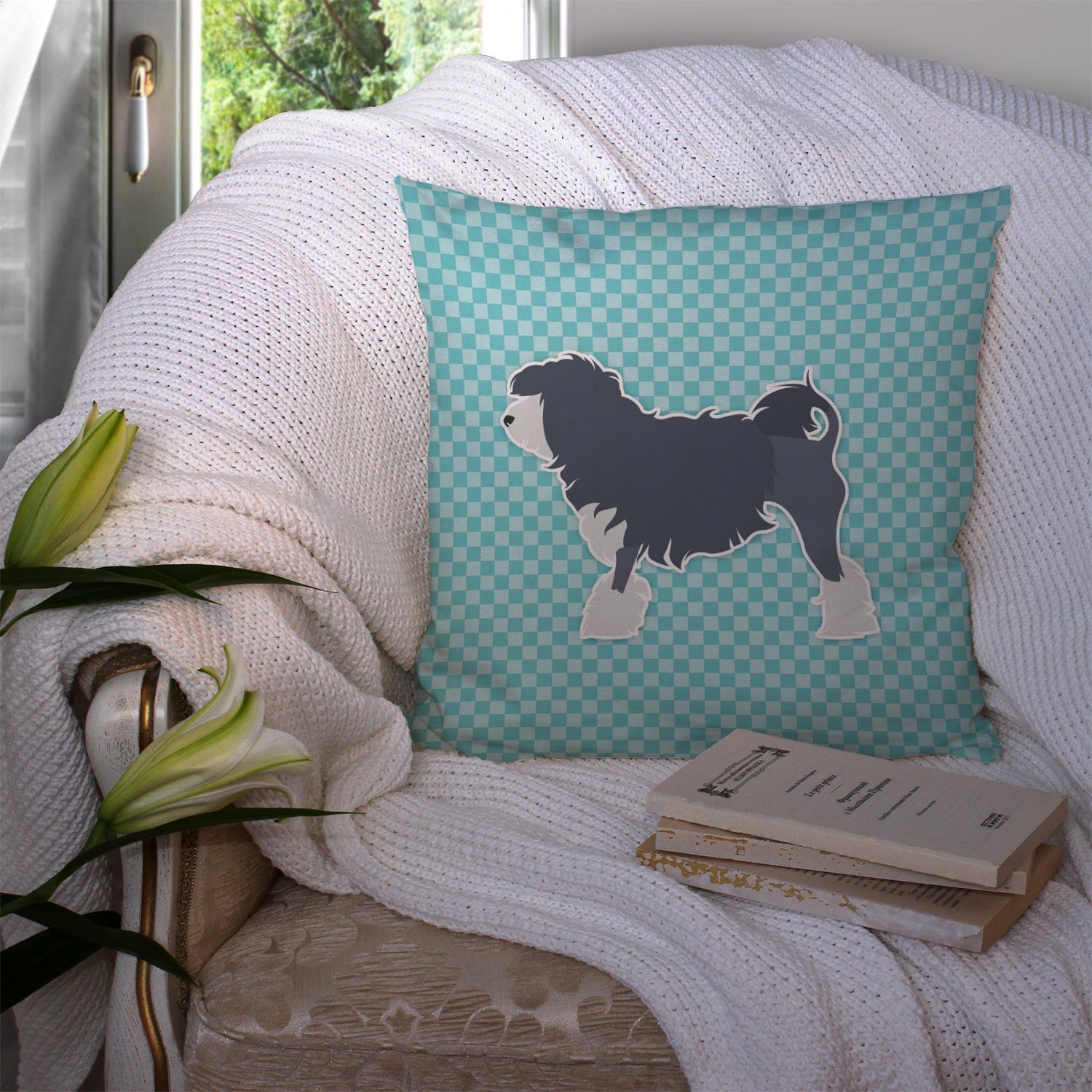 Lowchen Checkerboard Blue Decorative Throw Pillow 14x14 Indoor Outdoor Accent Cushion, Fabric Cover with Insert for Sofa, Bed, Porch & Living Room