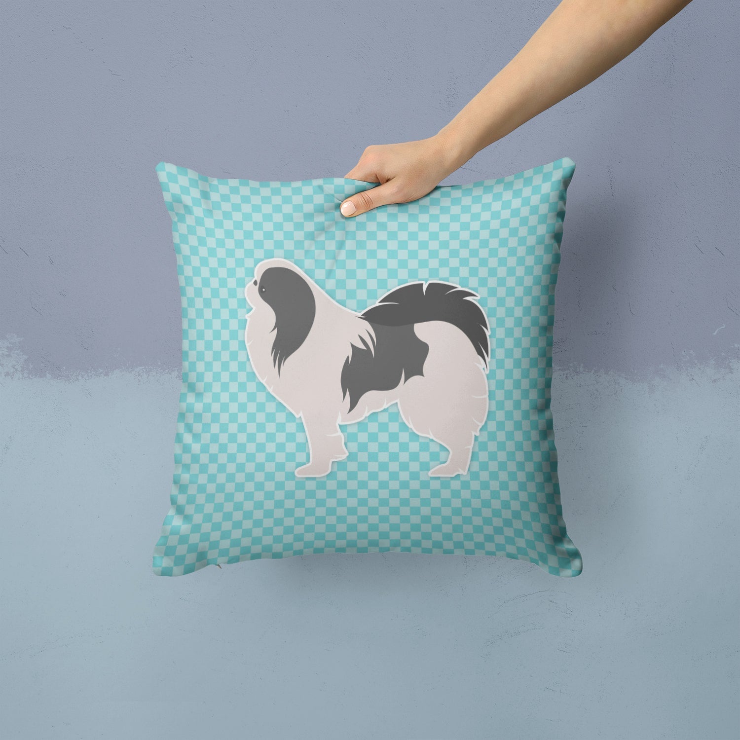 Japanese Chin Checkerboard Blue Decorative Throw Pillow 14x14 Indoor Outdoor Accent Cushion, Fabric Cover with Insert for Sofa, Bed, Porch & Living Room