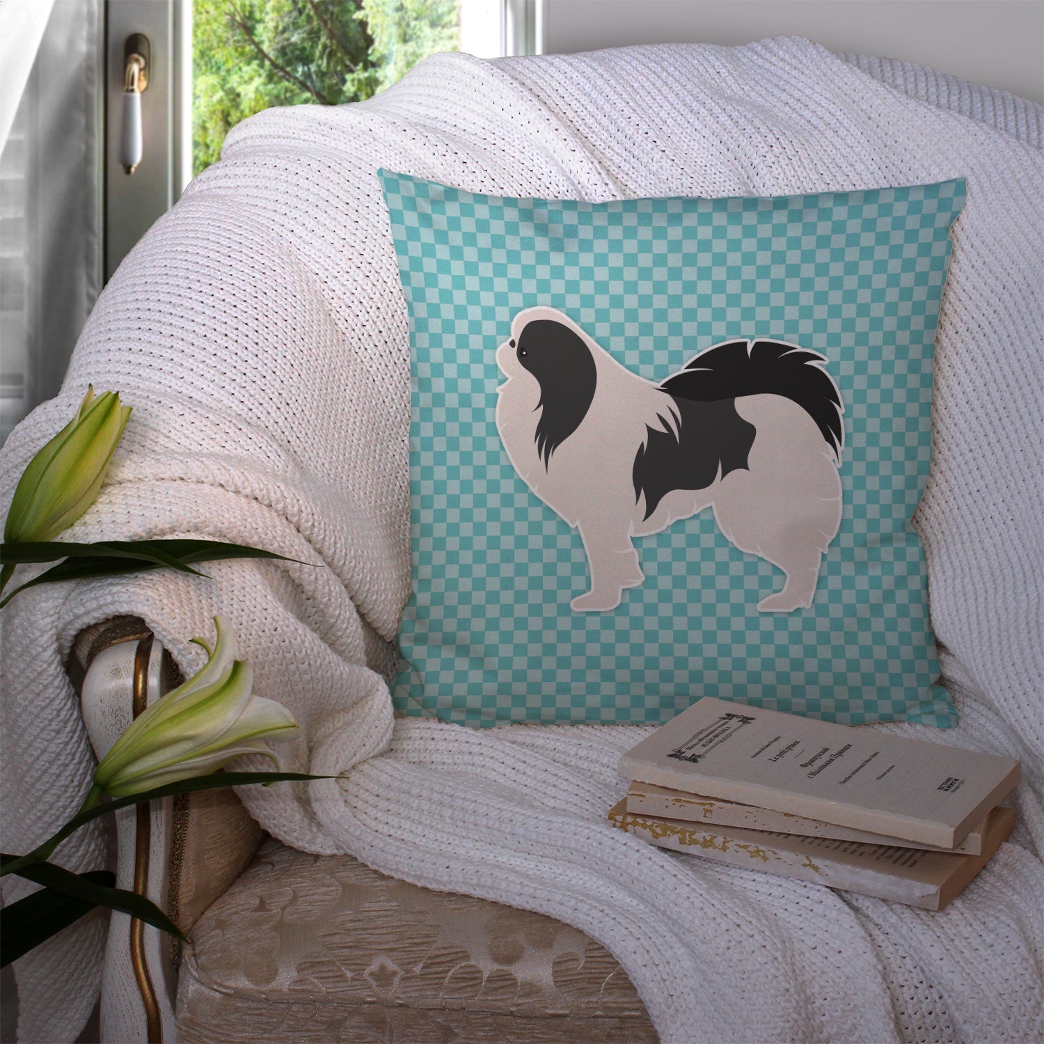 Japanese Chin Checkerboard Blue Decorative Throw Pillow 14x14 Indoor Outdoor Accent Cushion, Fabric Cover with Insert for Sofa, Bed, Porch & Living Room