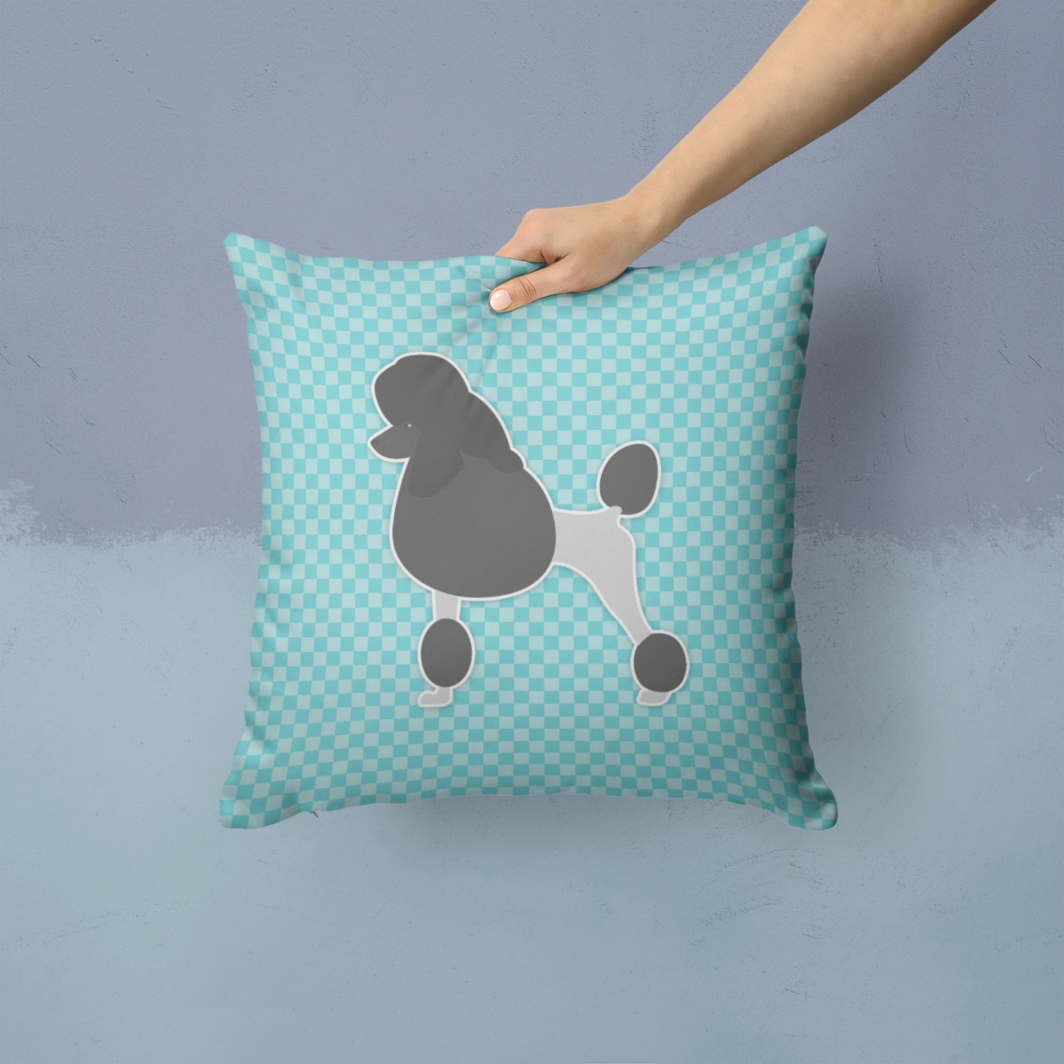 Poodle Checkerboard Blue Decorative Throw Pillow 14x14 Indoor Outdoor Accent Cushion, Fabric Cover with Insert for Sofa, Bed, Porch & Living Room