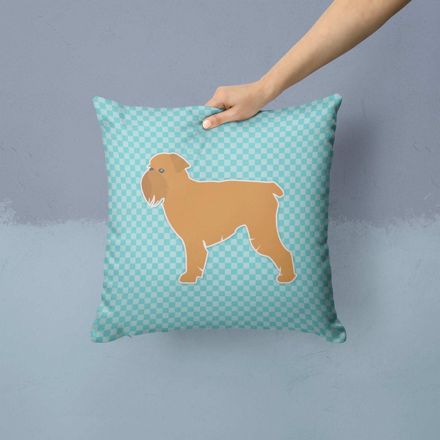 Brussels Griffon Checkerboard Blue Decorative Throw Pillow 14x14 Indoor Outdoor Accent Cushion, Fabric Cover with Insert for Sofa, Bed, Porch & Living Room
