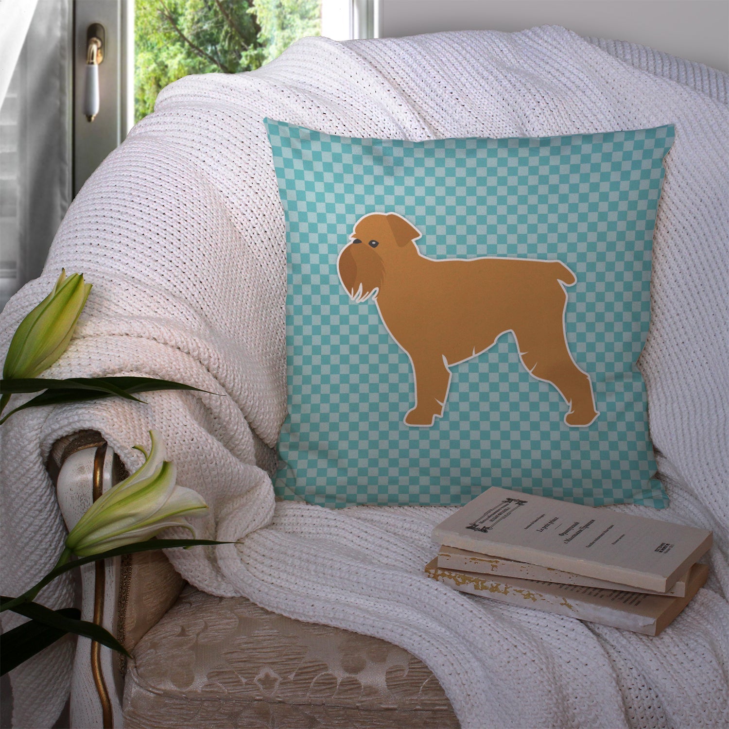 Brussels Griffon Checkerboard Blue Decorative Throw Pillow 14x14 Indoor Outdoor Accent Cushion, Fabric Cover with Insert for Sofa, Bed, Porch & Living Room
