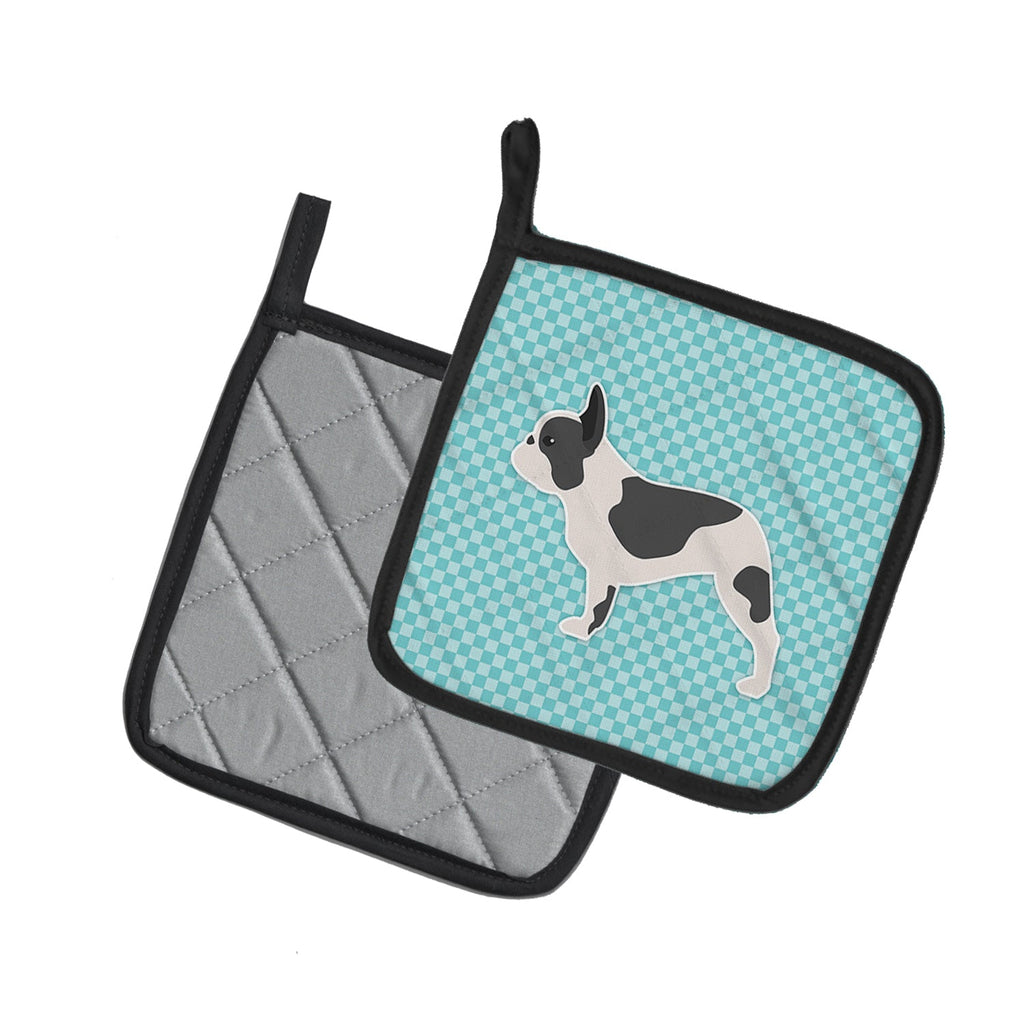 French Bulldog Checkerboard Blue Pot Holder Set of 2 Heat Resistant Quilted Hot Pads 7.5 x 7.5 Inch, Insulated Kitchen Trivets for Cooking & Baking