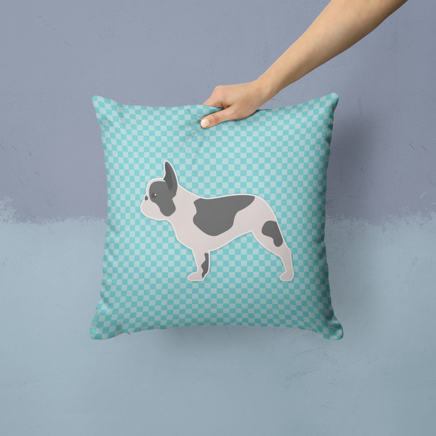 French Bulldog Checkerboard Blue Decorative Throw Pillow 14x14 Indoor Outdoor Accent Cushion, Fabric Cover with Insert for Sofa, Bed, Porch & Living Room