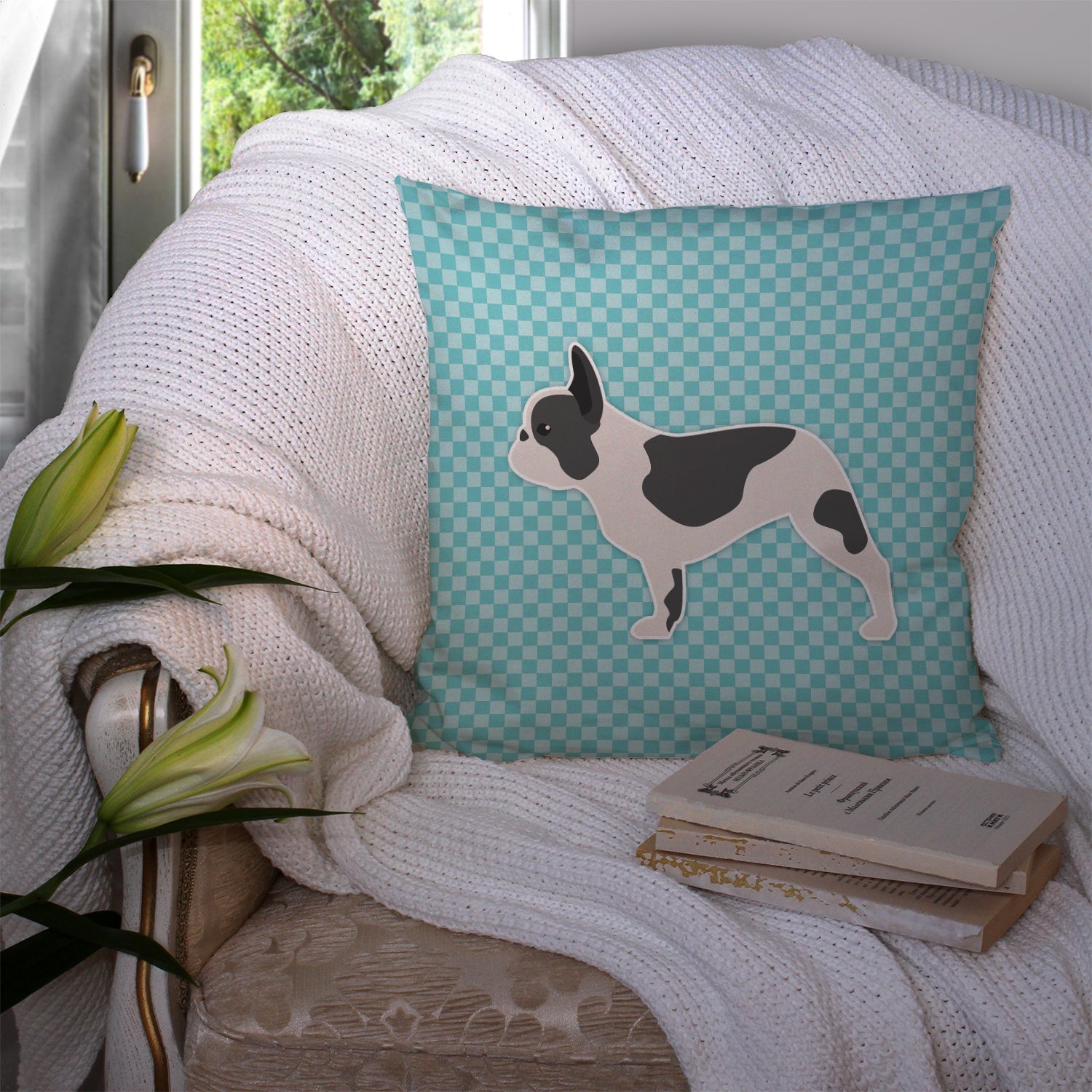 French Bulldog Checkerboard Blue Decorative Throw Pillow 14x14 Indoor Outdoor Accent Cushion, Fabric Cover with Insert for Sofa, Bed, Porch & Living Room