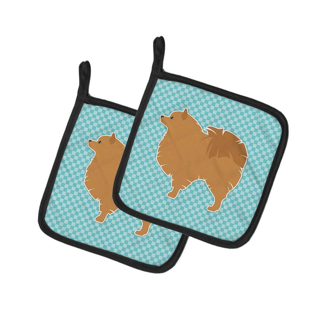 Pomeranian Checkerboard Blue Pot Holder Set of 2 Heat Resistant Quilted Hot Pads 7.5 x 7.5 Inch, Insulated Kitchen Trivets for Cooking & Baking