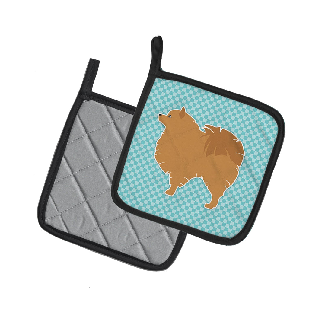 Pomeranian Checkerboard Blue Pot Holder Set of 2 Heat Resistant Quilted Hot Pads 7.5 x 7.5 Inch, Insulated Kitchen Trivets for Cooking & Baking