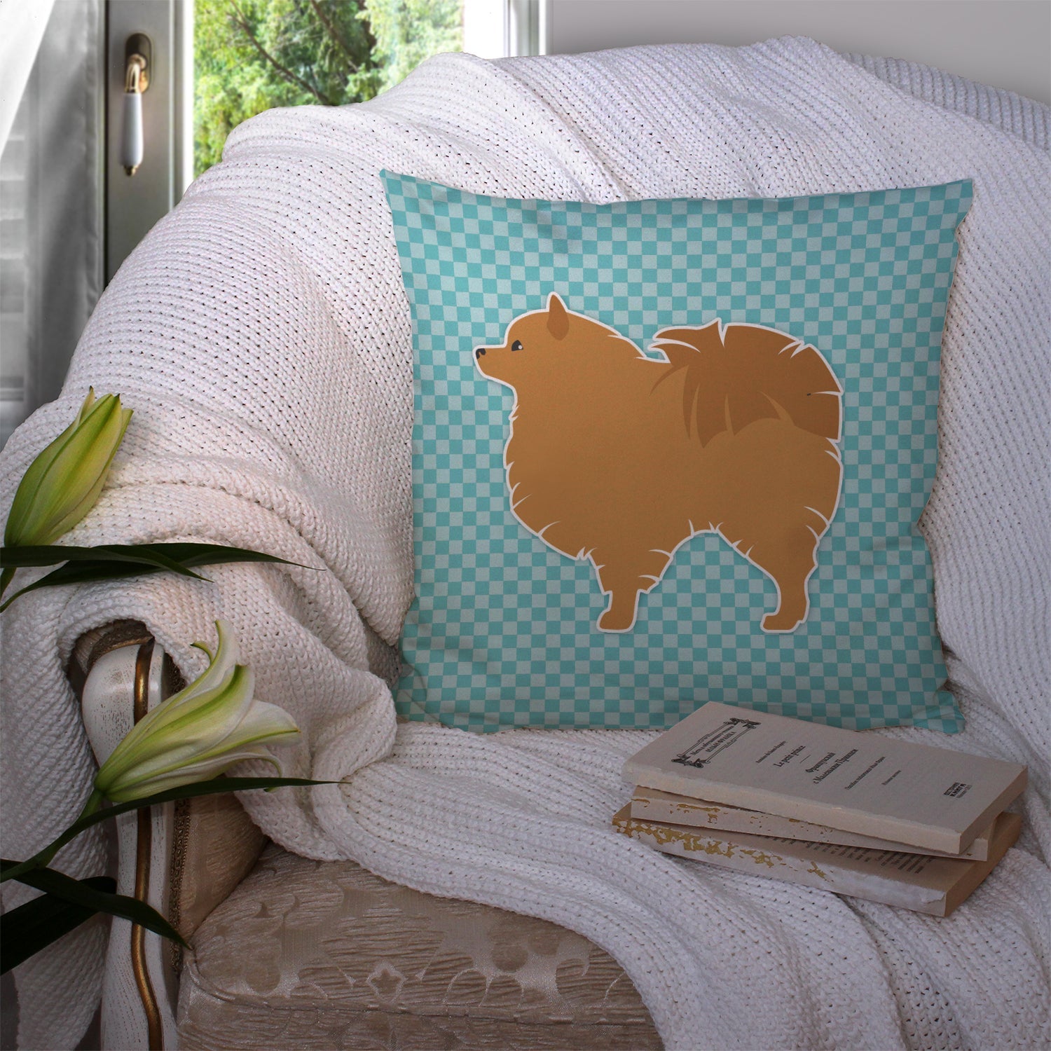 Pomeranian Checkerboard Blue Decorative Throw Pillow 14x14 Indoor Outdoor Accent Cushion, Fabric Cover with Insert for Sofa, Bed, Porch & Living Room
