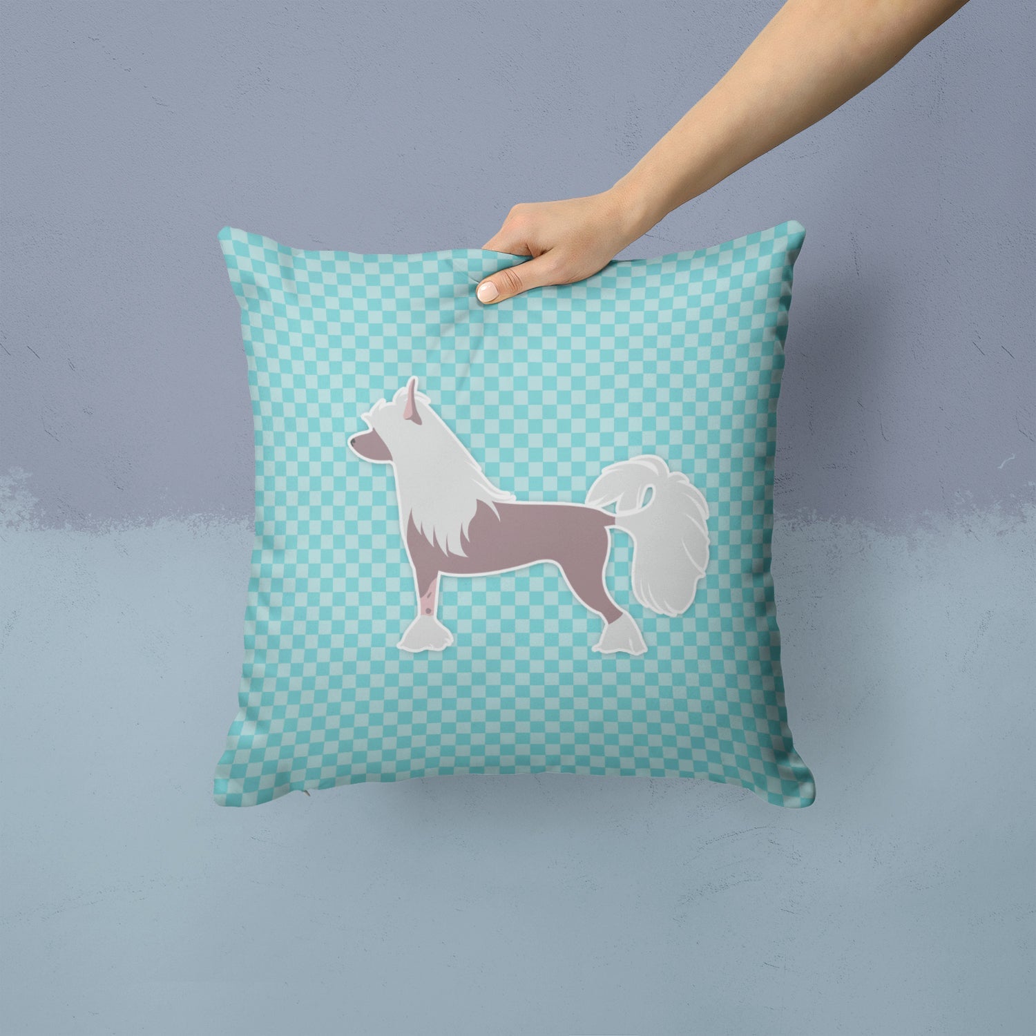 Chinese Crested Checkerboard Blue Decorative Throw Pillow 14x14 Indoor Outdoor Accent Cushion, Fabric Cover with Insert for Sofa, Bed, Porch & Living Room