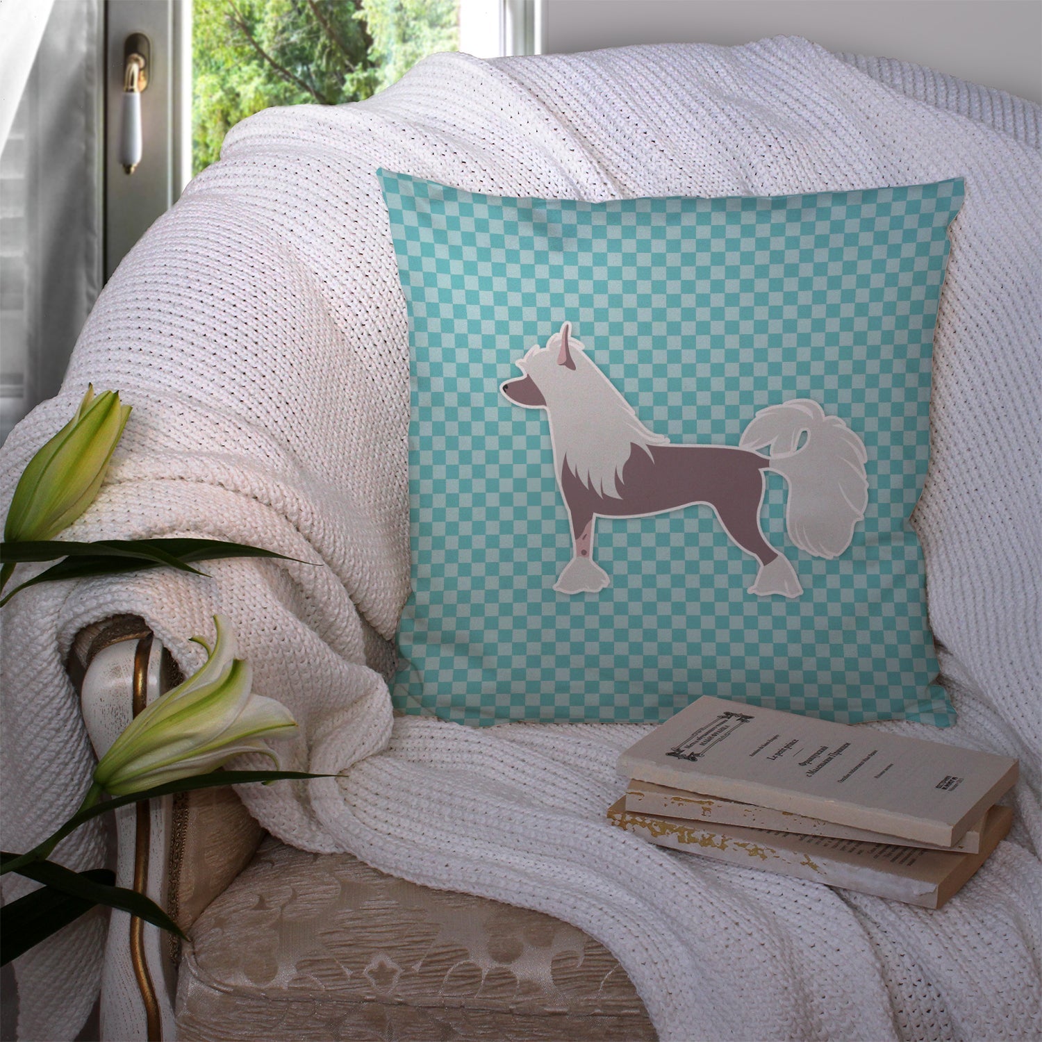 Chinese Crested Checkerboard Blue Decorative Throw Pillow 14x14 Indoor Outdoor Accent Cushion, Fabric Cover with Insert for Sofa, Bed, Porch & Living Room