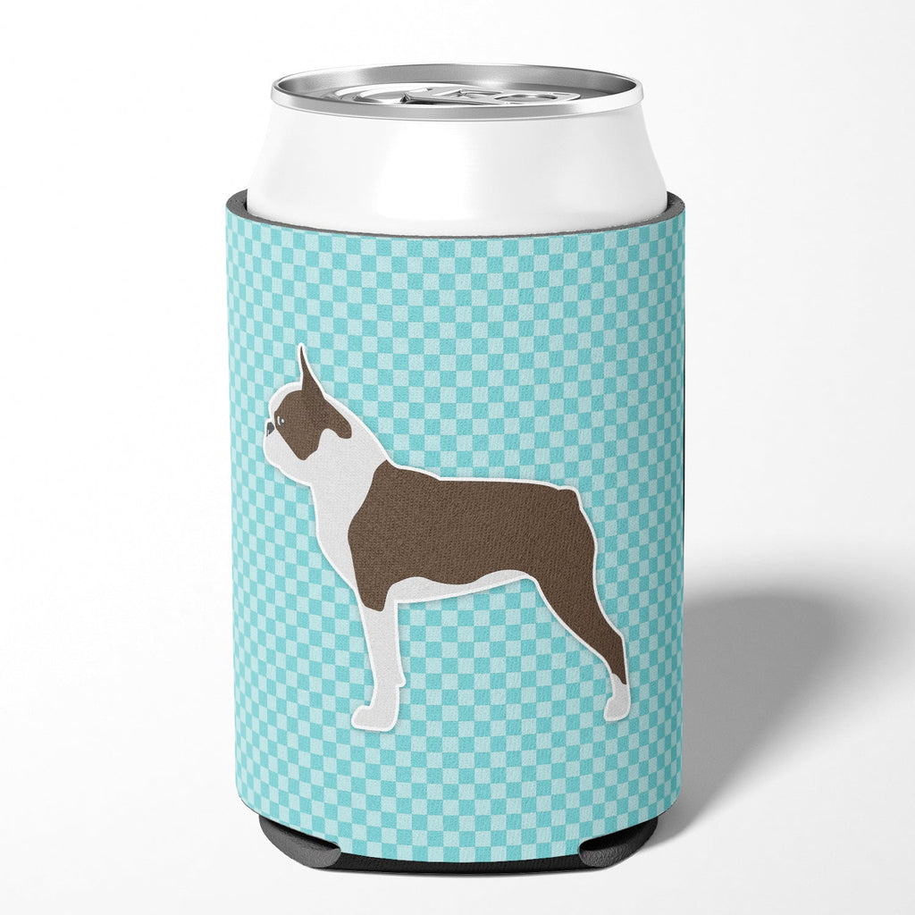 Boston Terrier Checkerboard Blue Can or Bottle Hugger Cooler Sleeve for Standard 12 oz Cans, Insulated Foam Beer & Soda Can Hugger Reusable