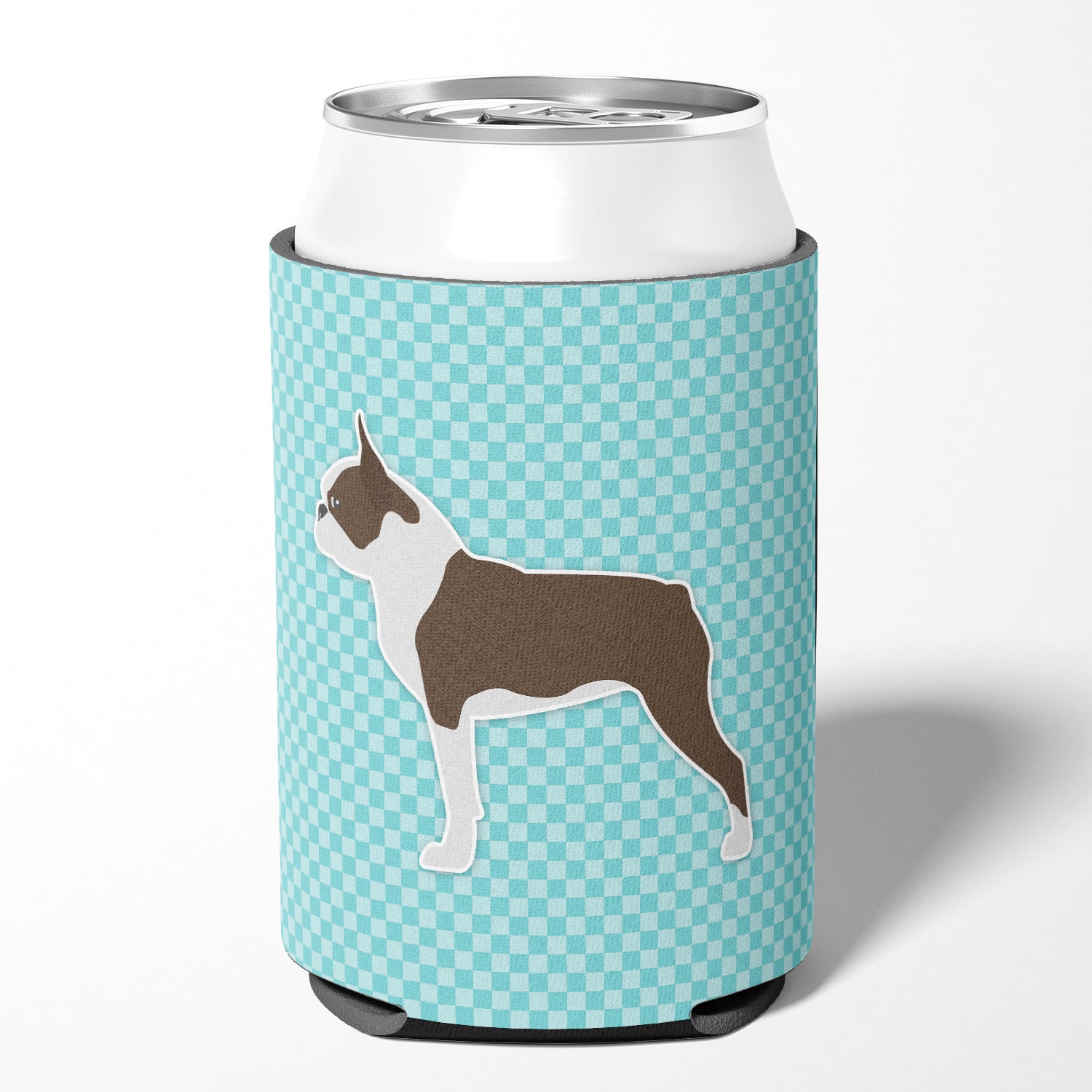 Boston Terrier Checkerboard Blue Can or Bottle Hugger Cooler Sleeve for Standard 12 oz Cans, Insulated Foam Beer & Soda Can Hugger Reusable