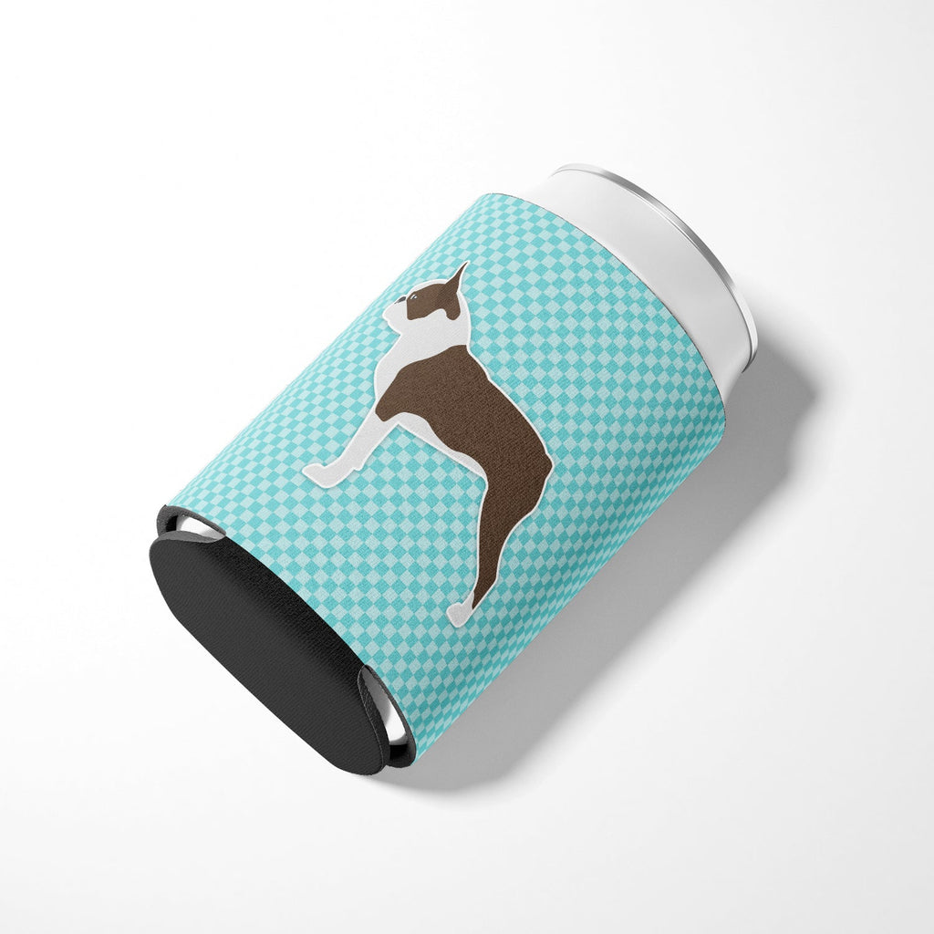 Boston Terrier Checkerboard Blue Can or Bottle Hugger Cooler Sleeve for Standard 12 oz Cans, Insulated Foam Beer & Soda Can Hugger Reusable
