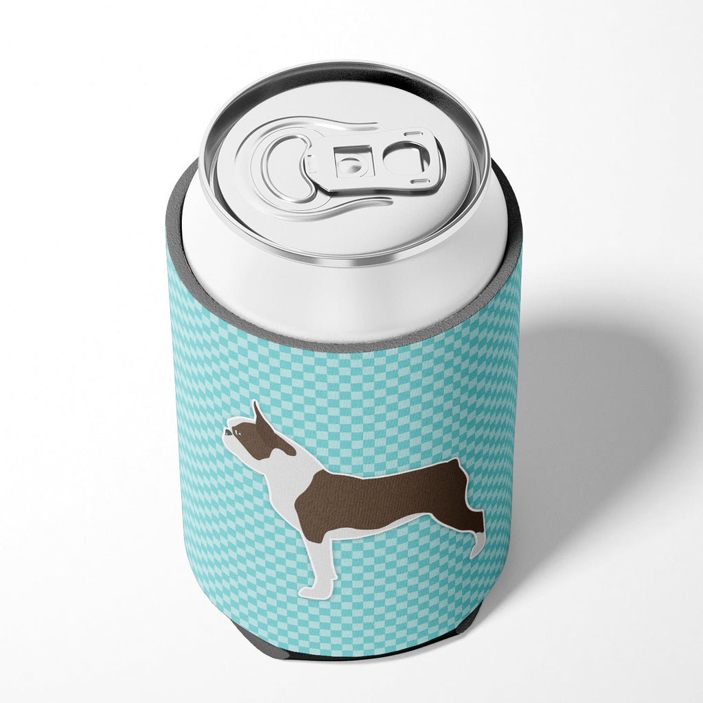 Boston Terrier Checkerboard Blue Can or Bottle Hugger Cooler Sleeve for Standard 12 oz Cans, Insulated Foam Beer & Soda Can Hugger Reusable