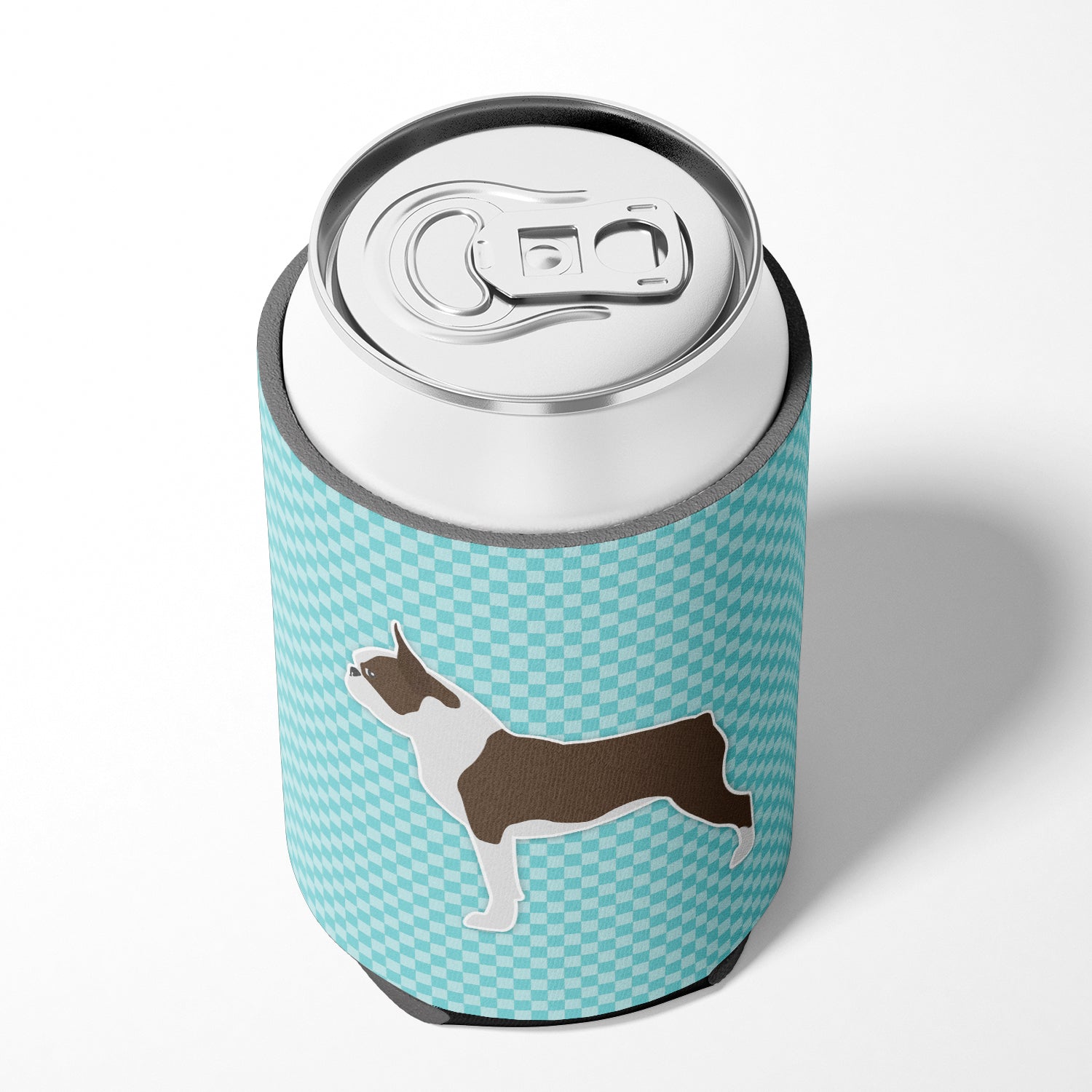 Boston Terrier Checkerboard Blue Can or Bottle Hugger Cooler Sleeve for Standard 12 oz Cans, Insulated Foam Beer & Soda Can Hugger Reusable
