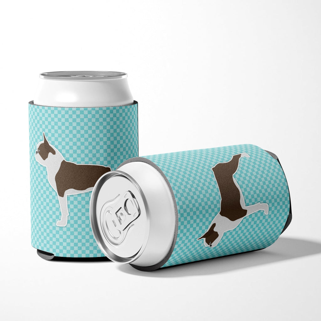 Boston Terrier Checkerboard Blue Can or Bottle Hugger Cooler Sleeve for Standard 12 oz Cans, Insulated Foam Beer & Soda Can Hugger Reusable