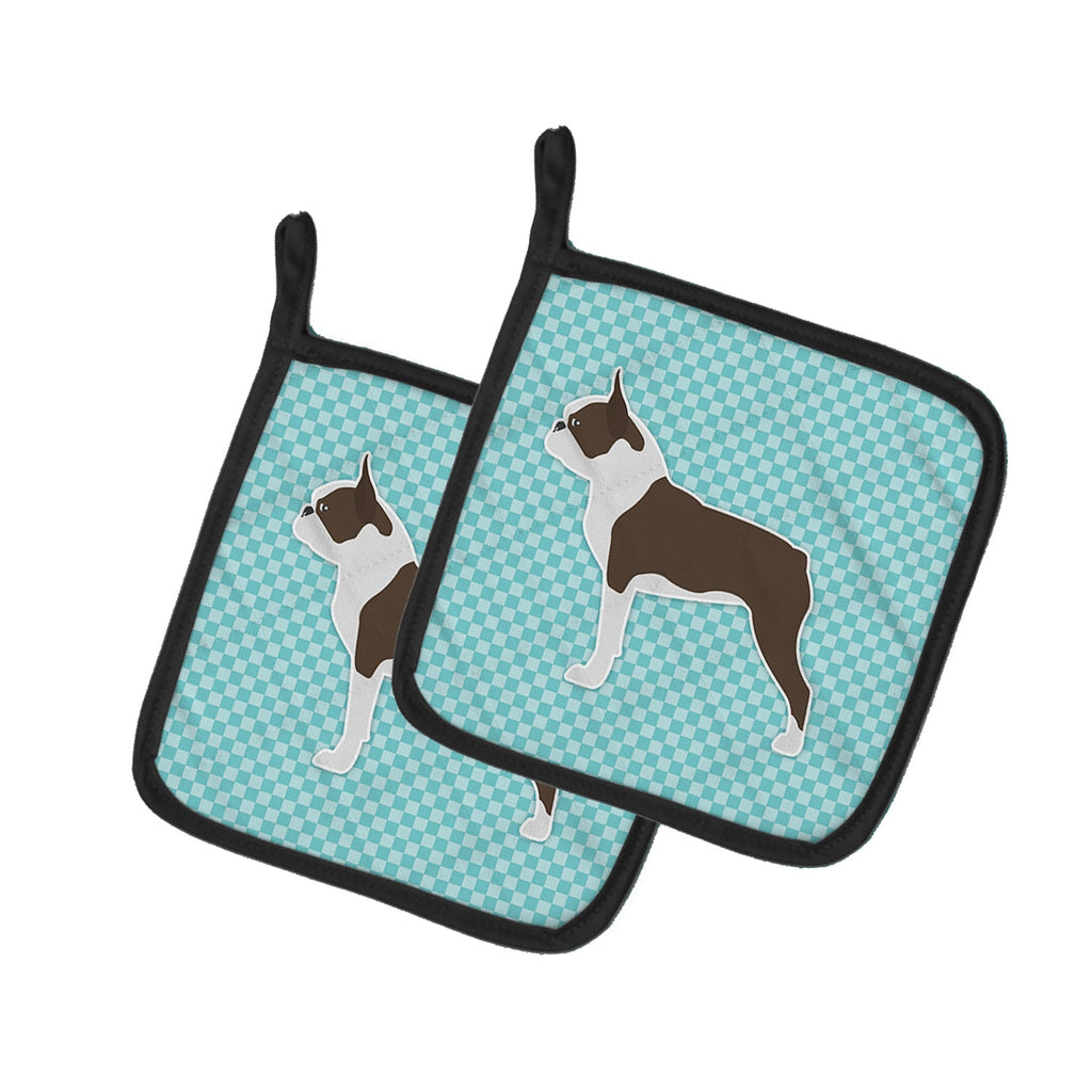 Boston Terrier Checkerboard Blue Pot Holder Set of 2 Heat Resistant Quilted Hot Pads 7.5 x 7.5 Inch, Insulated Kitchen Trivets for Cooking & Baking