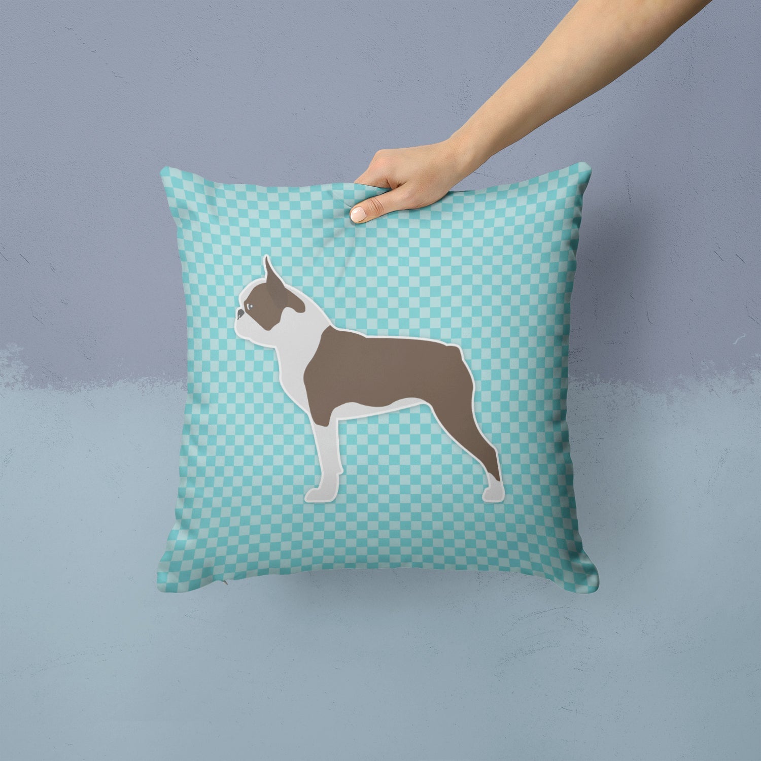 Boston Terrier Checkerboard Blue Decorative Throw Pillow 14x14 Indoor Outdoor Accent Cushion, Fabric Cover with Insert for Sofa, Bed, Porch & Living Room